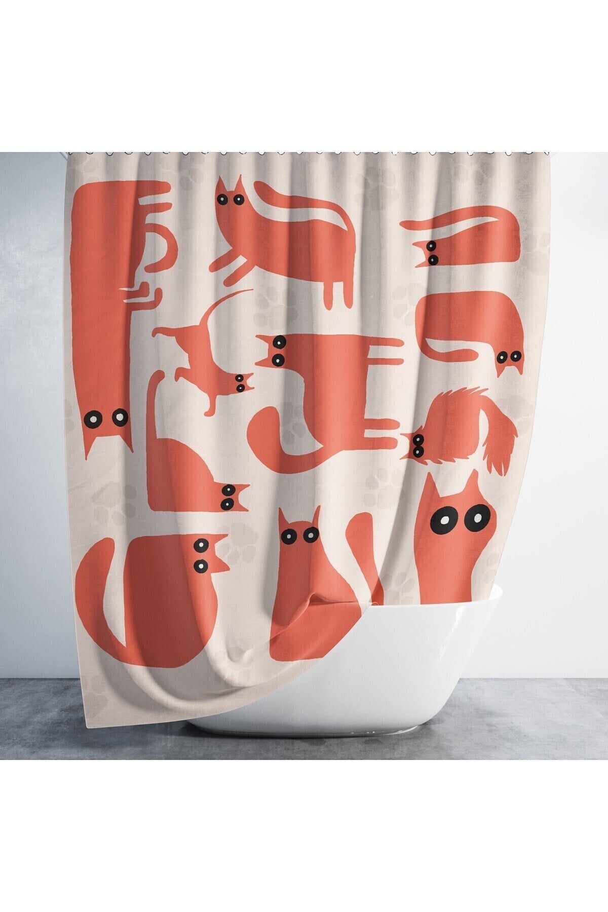 Tropikhome 180 x 200 Kırmızı Kedi Desenli Banyo Perdesi — Kırmızı