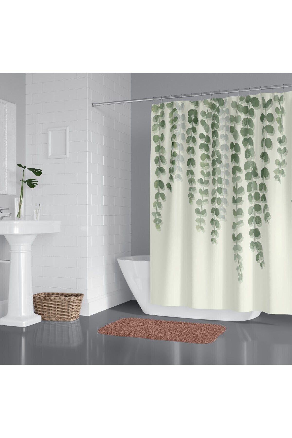 Tropikhome 180 x 200 Yeşil Sarmaşık Desenli Banyo Perdesi — Yeşil