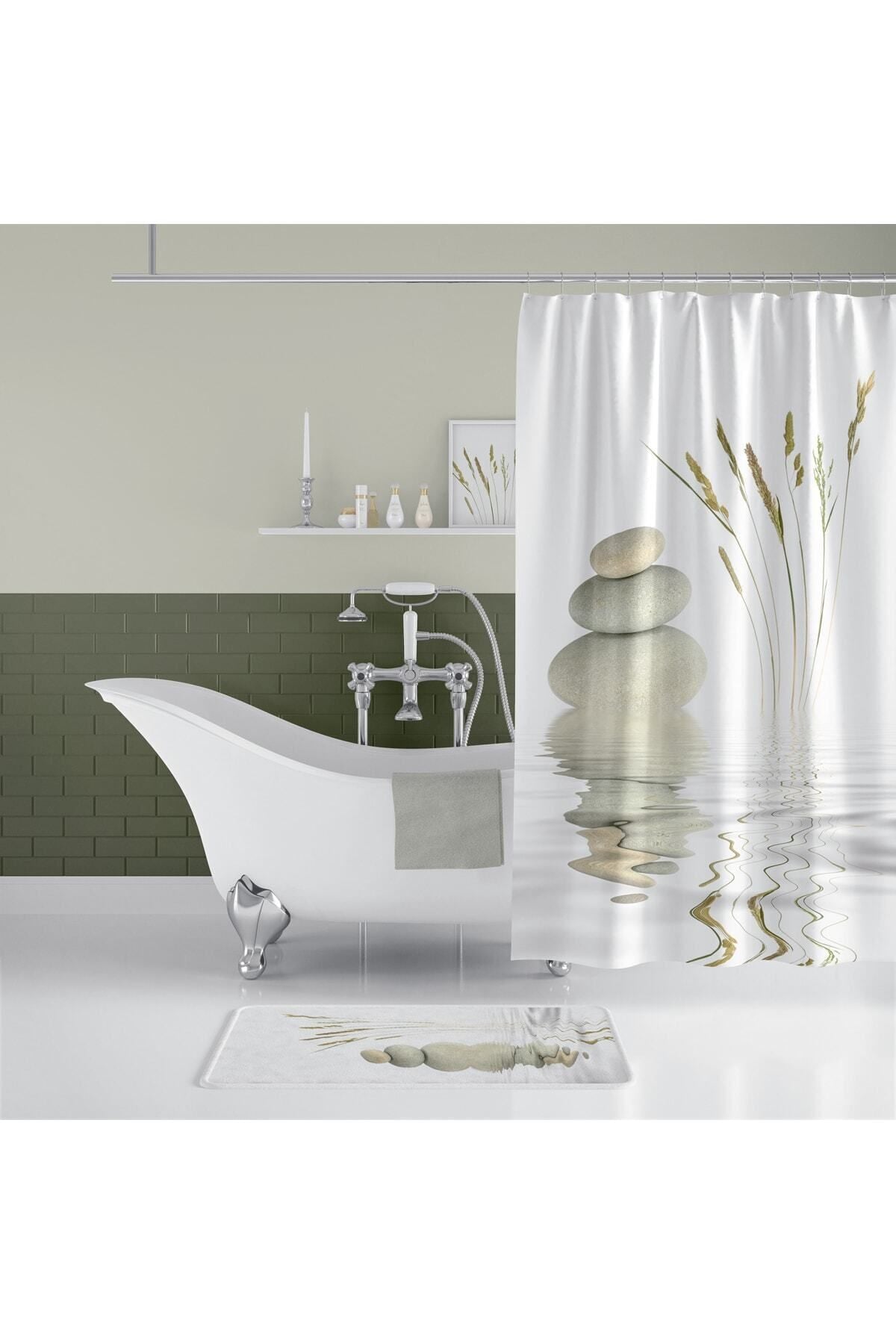 Taş Desenli Kaymaz Taban Dijital Baskılı 50x80cm Banyo Paspası ve 180x200cm Dijital Baskılı Banyo Perdesi Takımı — 180 x 200 + 50 x 80