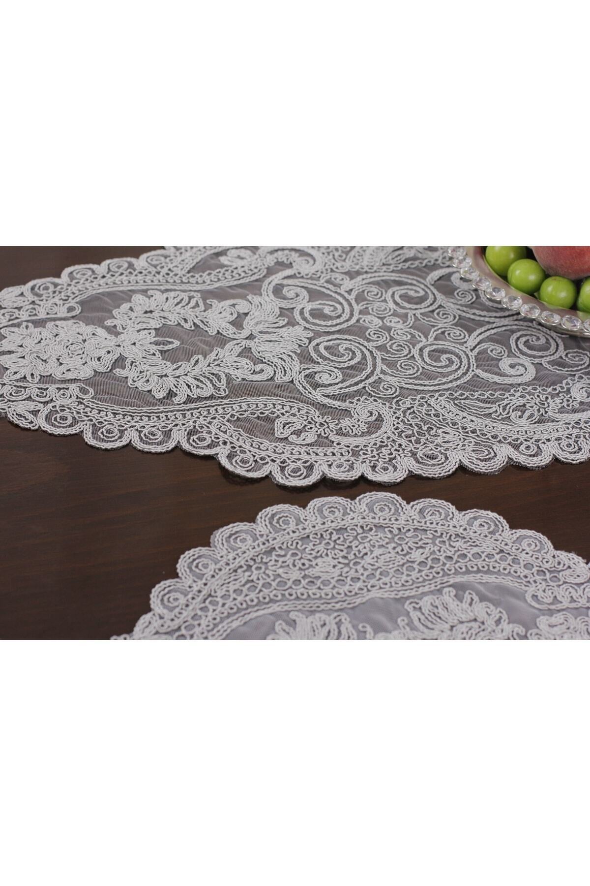 Tropikhome Nakışlı Gri 35 x 115 Runner + 35 x 50*12 Amerikan Servisli 13 Parça Sunum Yemek Seti — Gri