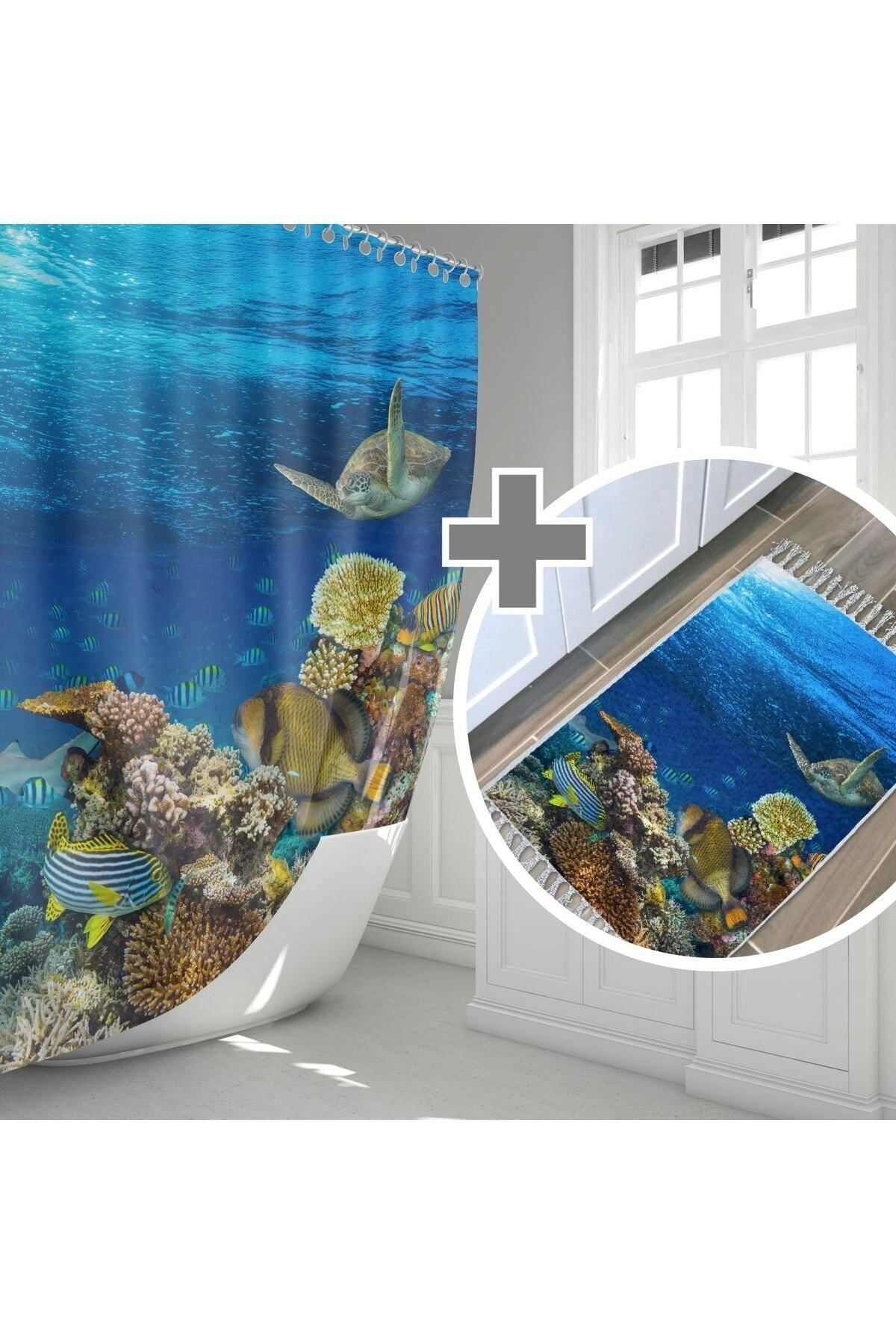 Su Atı Desenli Kaymaz Taban Dijital Baskılı 50x80cm Banyo Paspası ve 180x200cm Dijital Baskılı Banyo Perdesi Takımı — 180 x 200 + 50 x 80