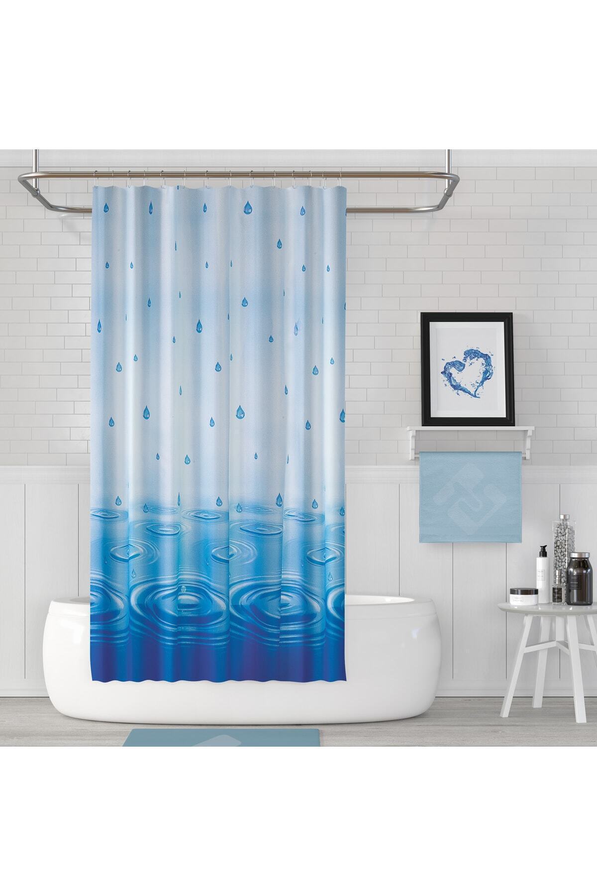 Tropikhome 180 x 200 Mavi Su Damlası Desenli Banyo Perdesi — Mavi