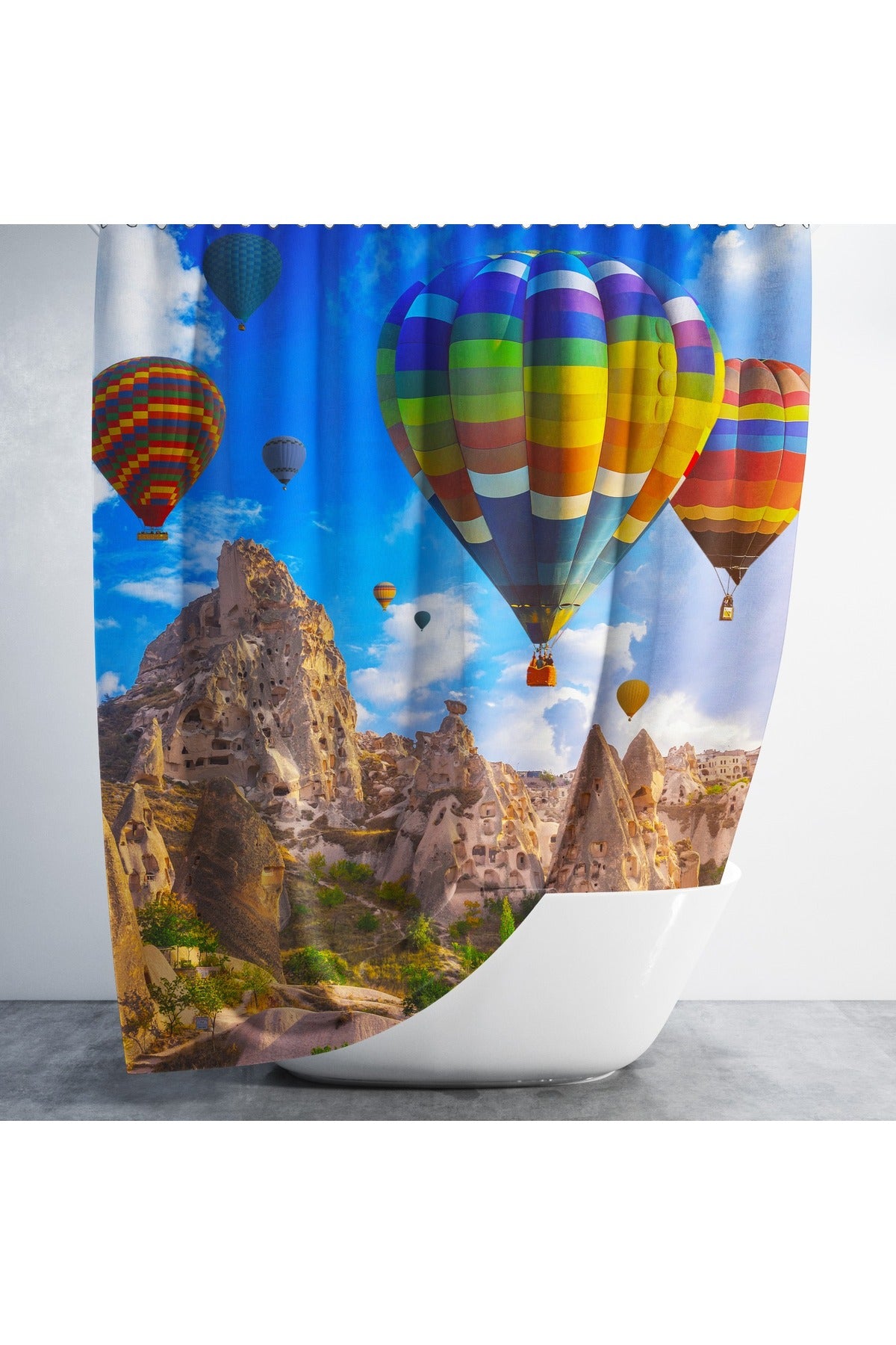 Tropikhome 180 x 200 Çok Renkli Kapadokya Balonu Desenli Banyo Perdesi — Çok Renkli