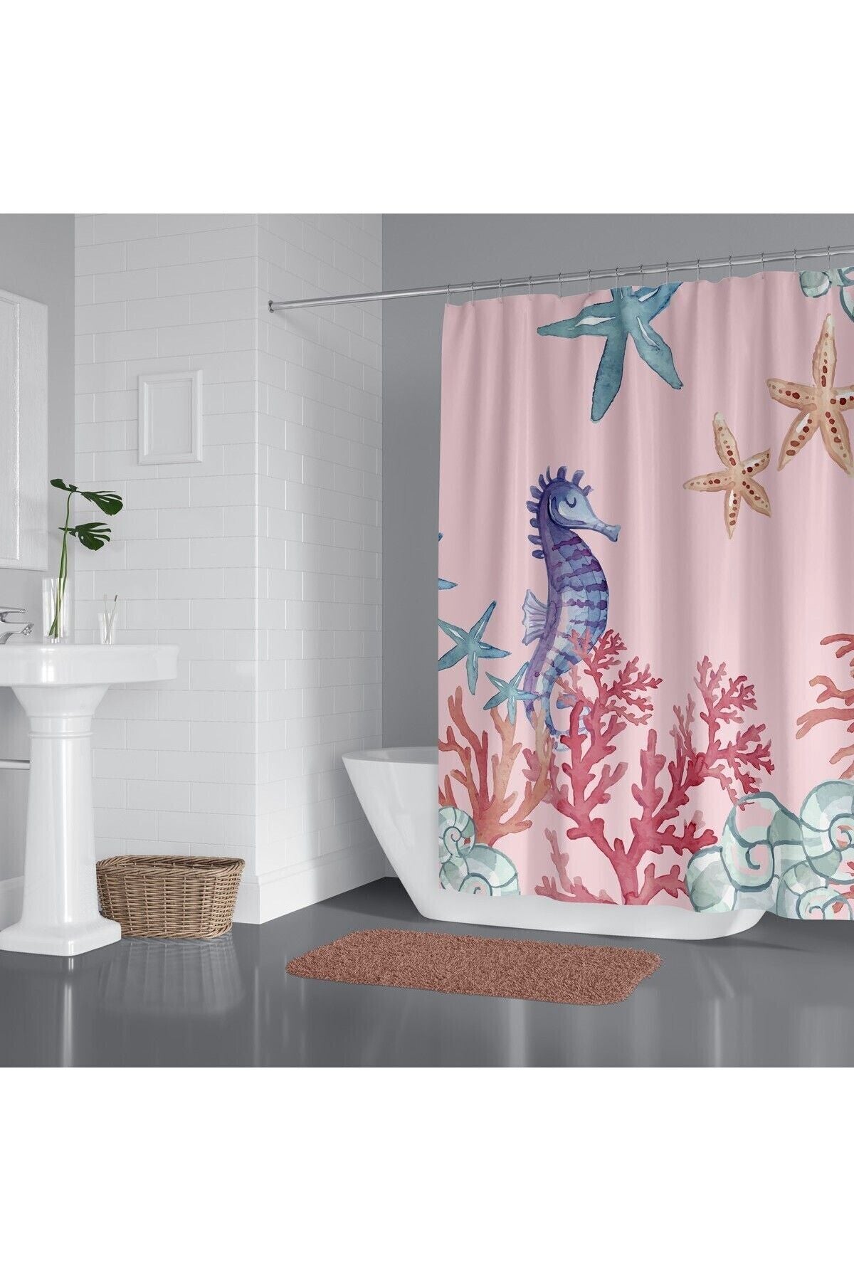 Tropikhome 180 x 200 Pembe Deniz Atı Desenli Banyo Perdesi — Pembe