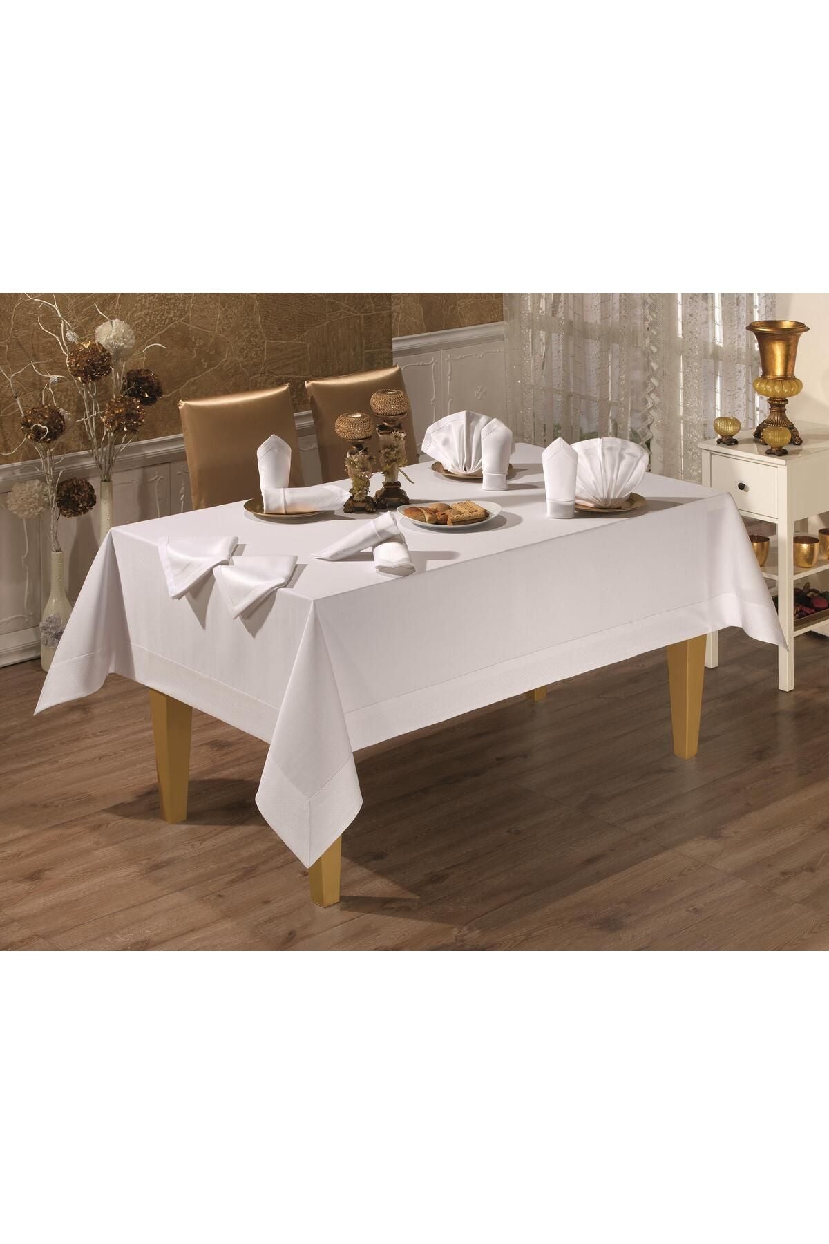 Tropikhome 160 x 220 + 8 Peçete Beyaz Pamuklu 9 Parça Masa Örtüsü Seti  — Beyaz