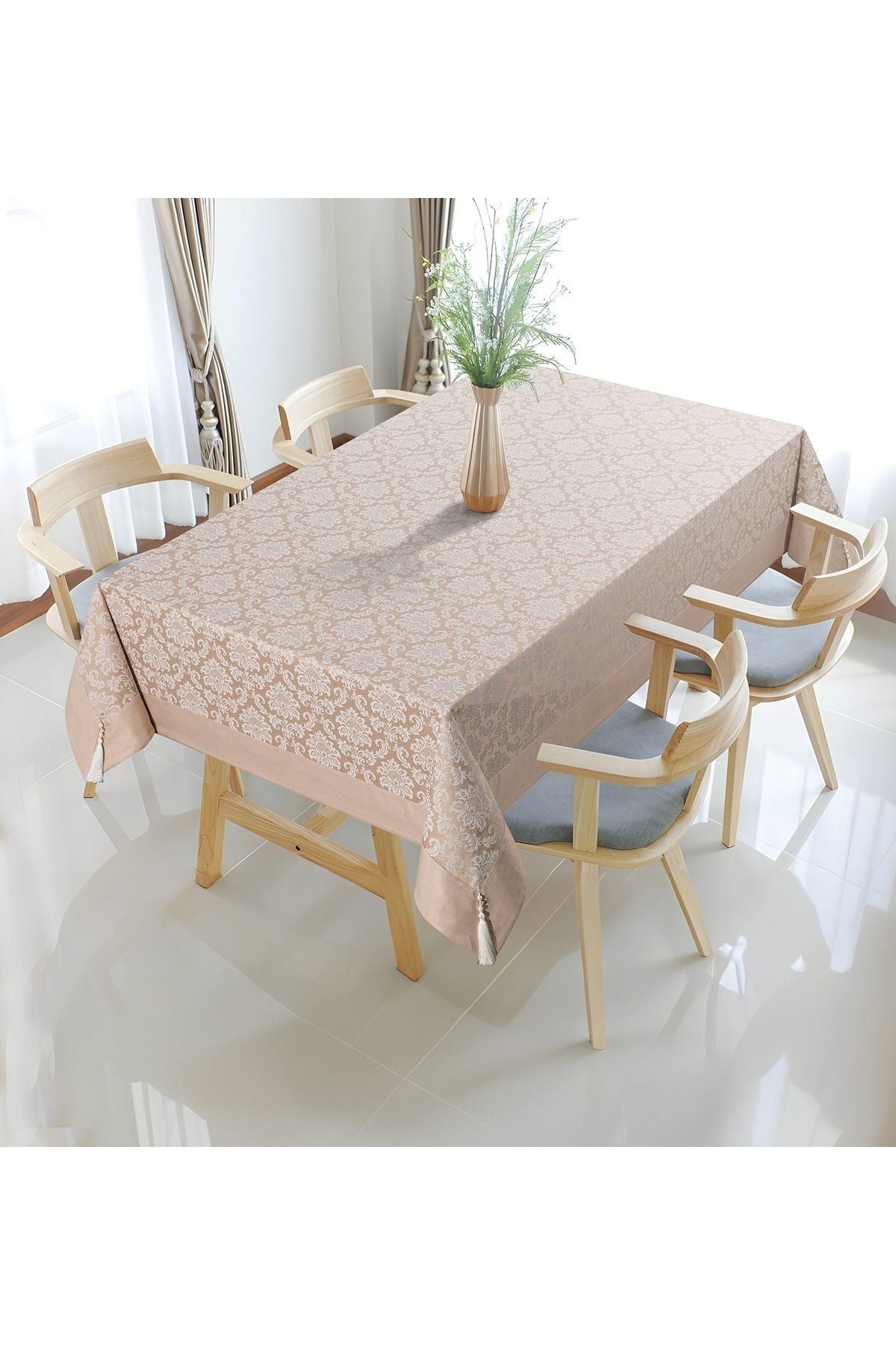 Tropikhome 160 x 220 Bej Pamuklu Damask Desenli Bordürlü Masa Örtüsü — Bej