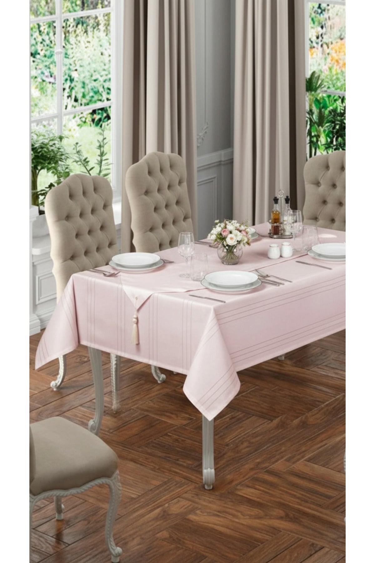 Tropikhome 160 x 220 + 1 Runner + 12 peçete + 12 Yüzük'lü Keten Görünümlü 26 Parça Dertsiz Çeyiz Seti — Pembe
