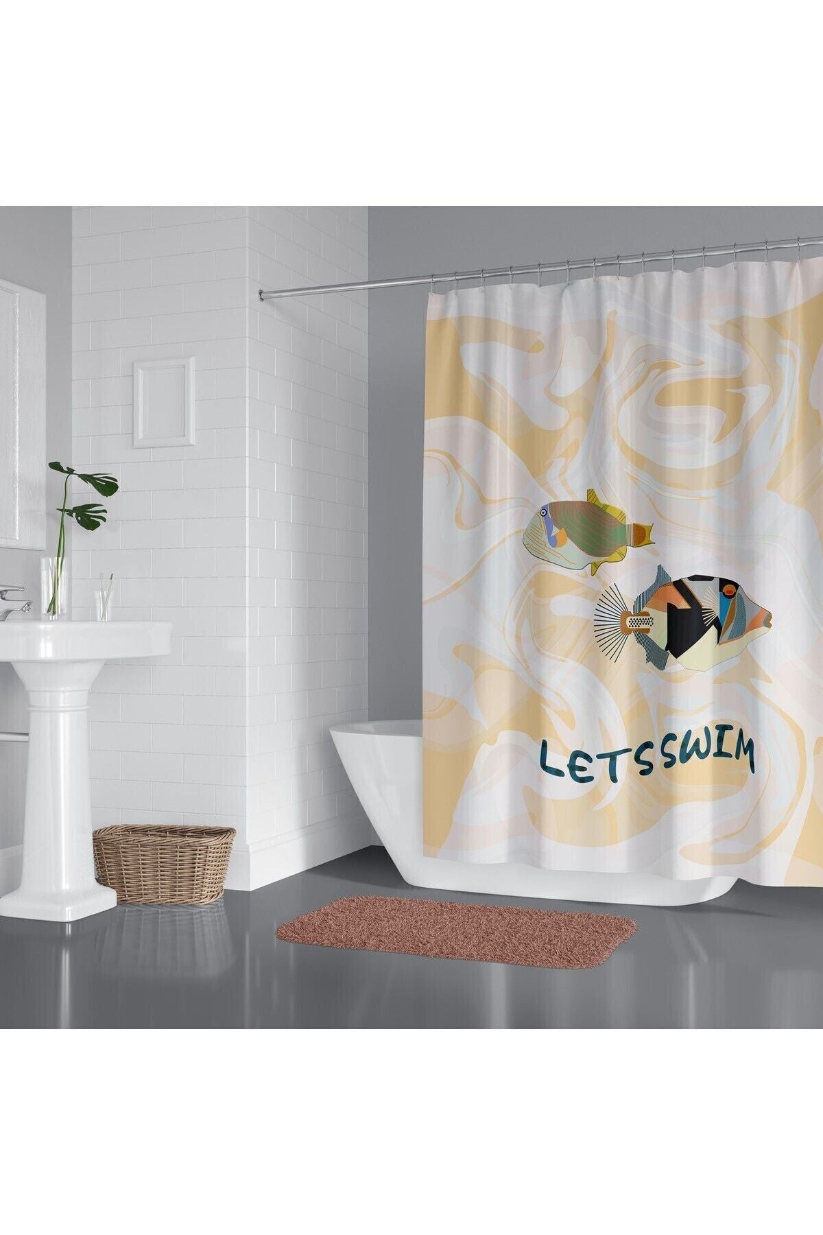 Tropikhome 180 x 200 Bej Balık Desenli Banyo Perdesi — Bej