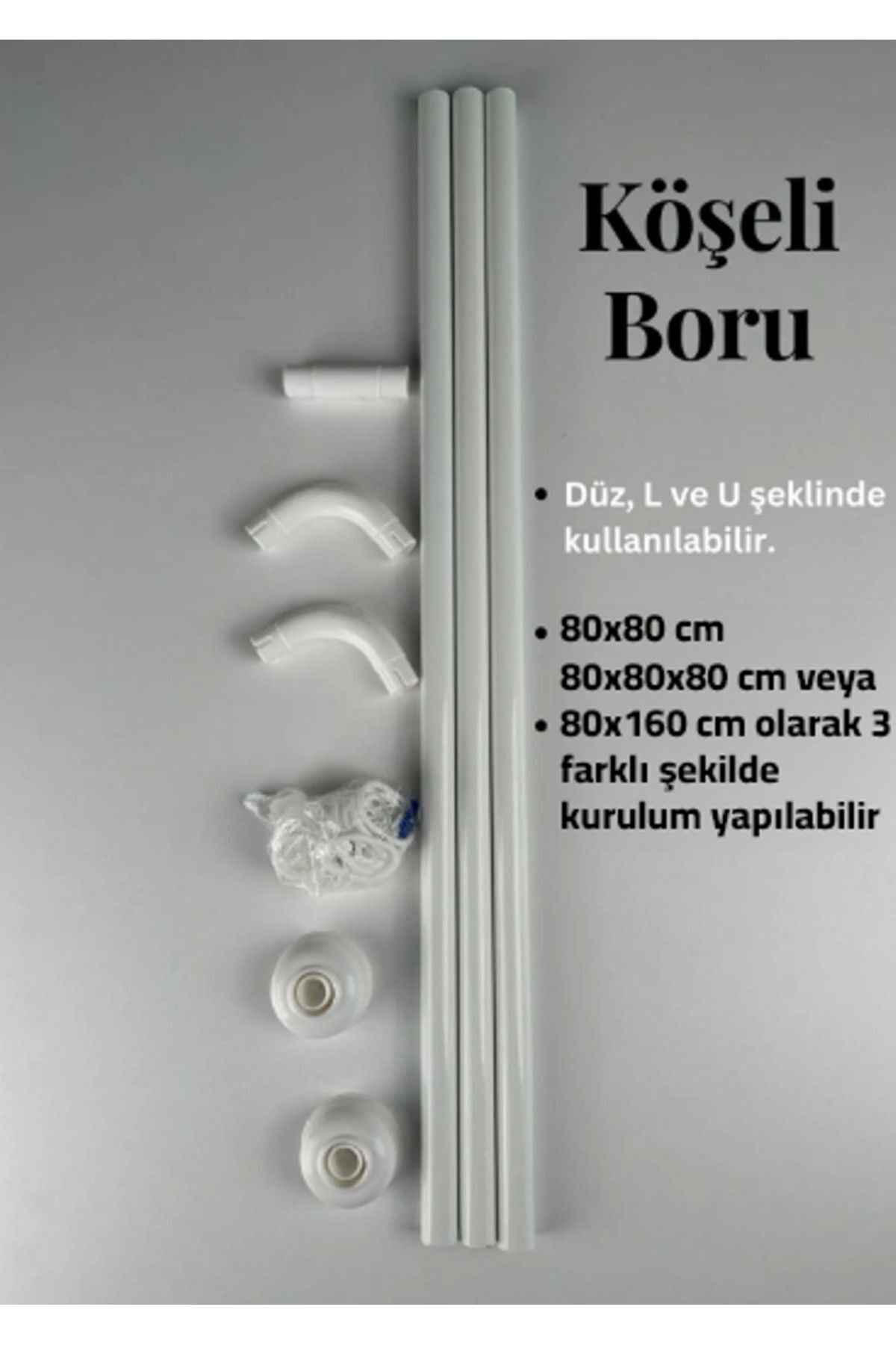 Tropikhome 80 x 80 Beyaz L-U Köşe Banyo Perde Borusu — Beyaz