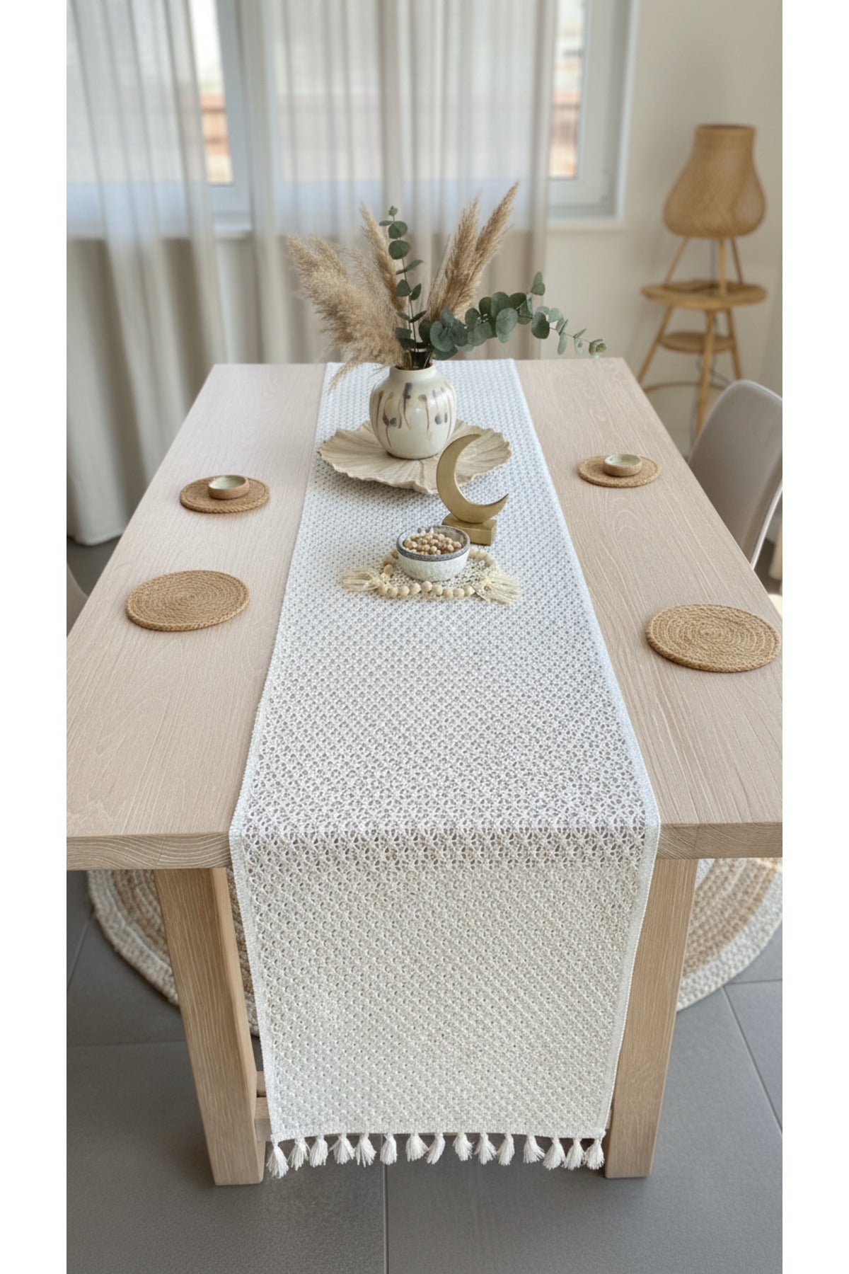 Tül Dantel Örgü Pamuklu Püsküllü Krem 35x145 Cm Runner — Krem