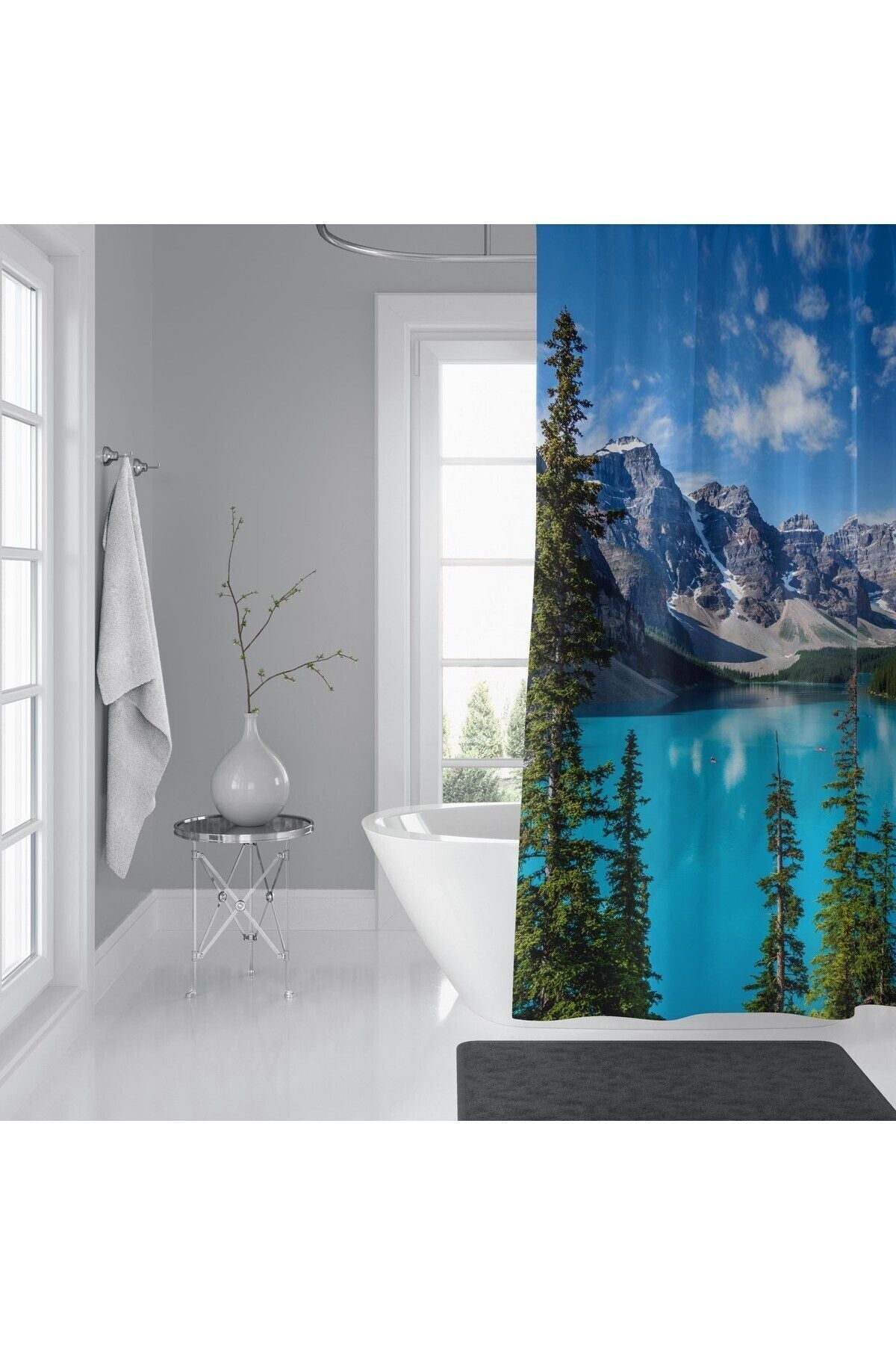 Tropikhome 180 x 200 Gri Dağ Manzarası Desenli Banyo Perdesi — Gri