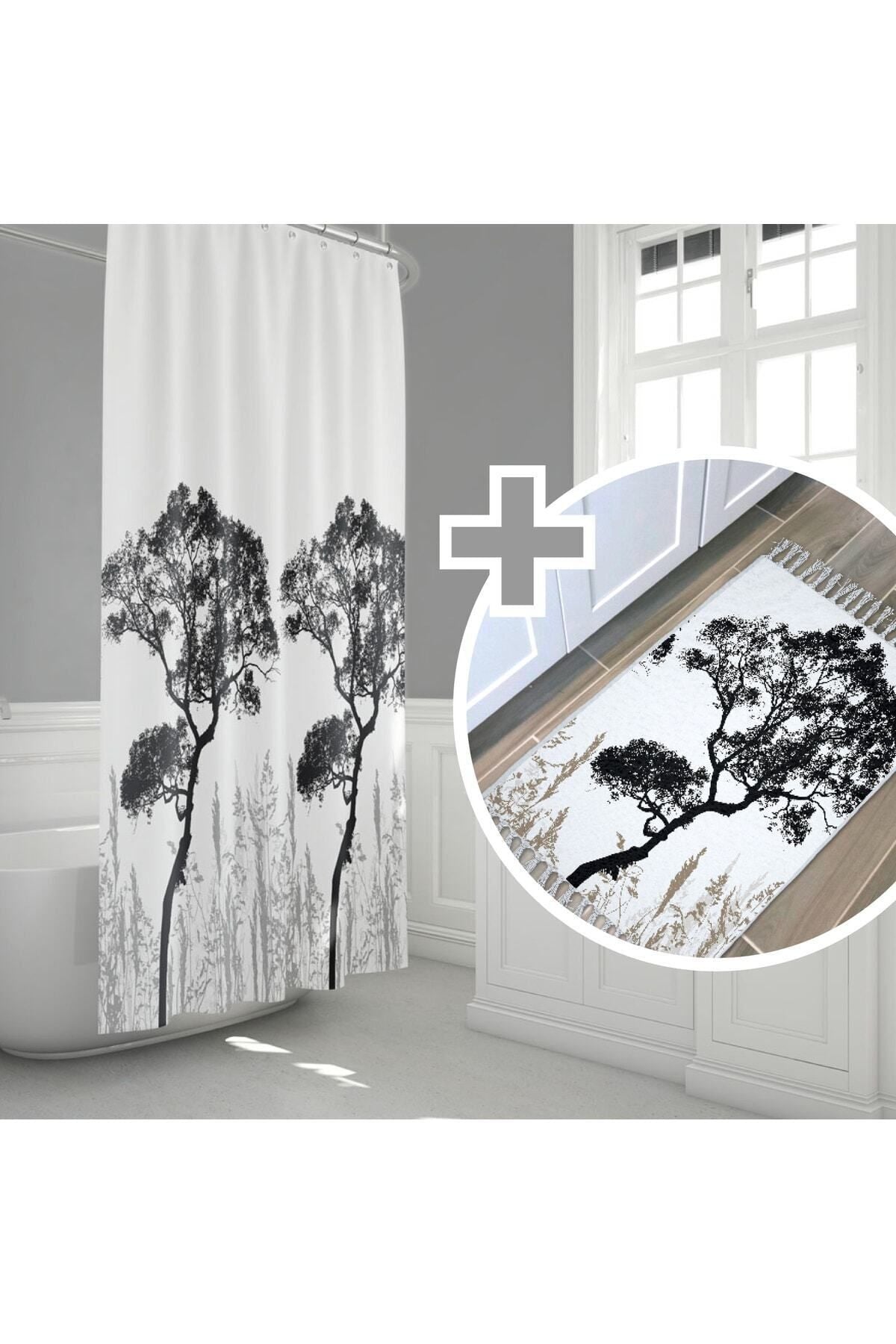 Ağaç Desenli Kaymaz Taban Dijital Baskılı 50x80cm Banyo Paspası ve 180x200cm Dijital Baskılı Banyo Perdesi Takımı — 180 x 200 + 50 x 80