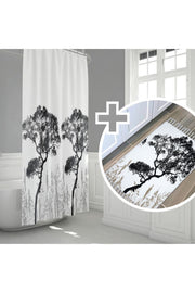 Ağaç Desenli Kaymaz Taban Dijital Baskılı 50x80cm Banyo Paspası ve 180x200cm Dijital Baskılı Banyo Perdesi Takımı — 180 x 200 + 50 x 80