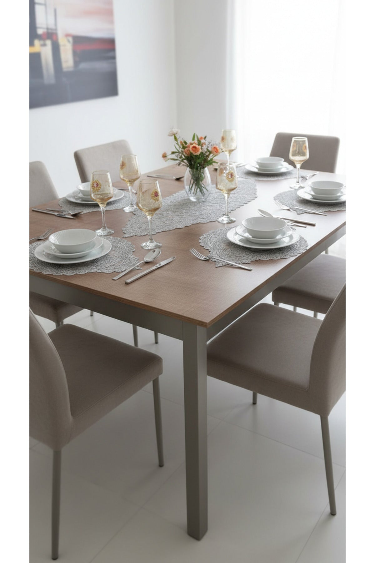 Tropikhome Nakışlı Gri 35 x 115 Runner + 35 x 50*12 Amerikan Servisli 13 Parça Sunum Yemek Seti — Gri