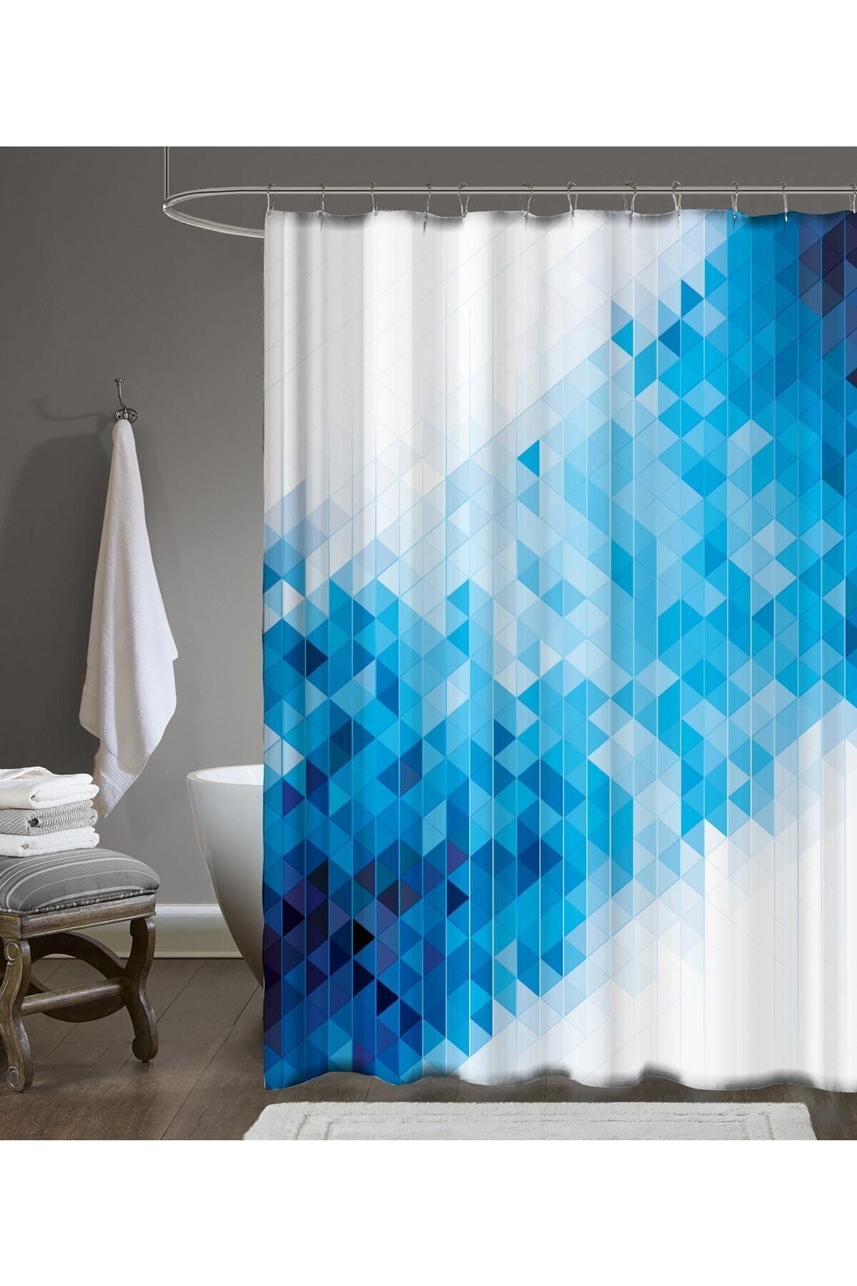 Tropikhome 180 x 200 Mavi Geometrik Desenli Banyo Perdesi — Mavi