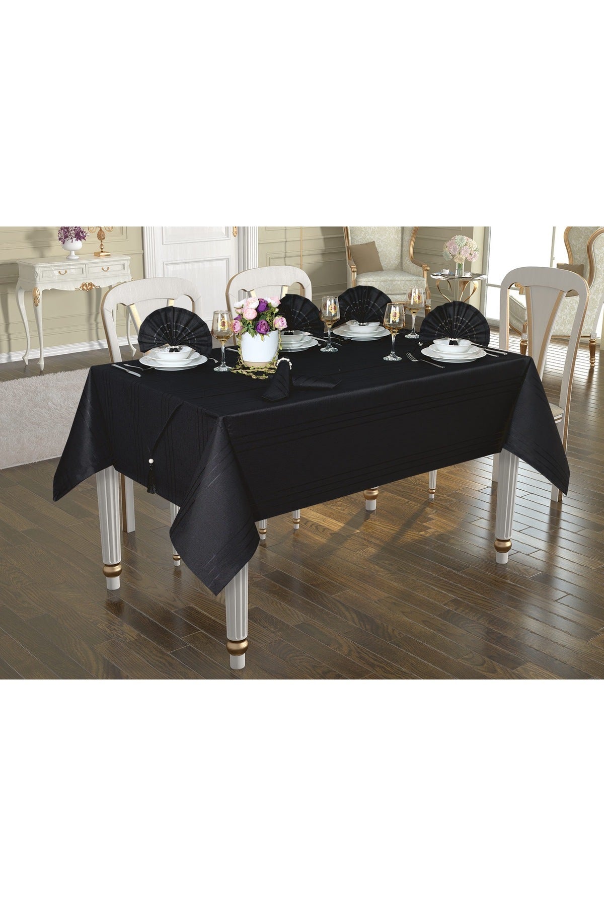 Tropikhome 160 x 220 + 1 Runner + 12 peçete + 12 Yüzük'lü Keten Görünümlü 26 Parça Dertsiz Çeyiz Seti — Siyah
