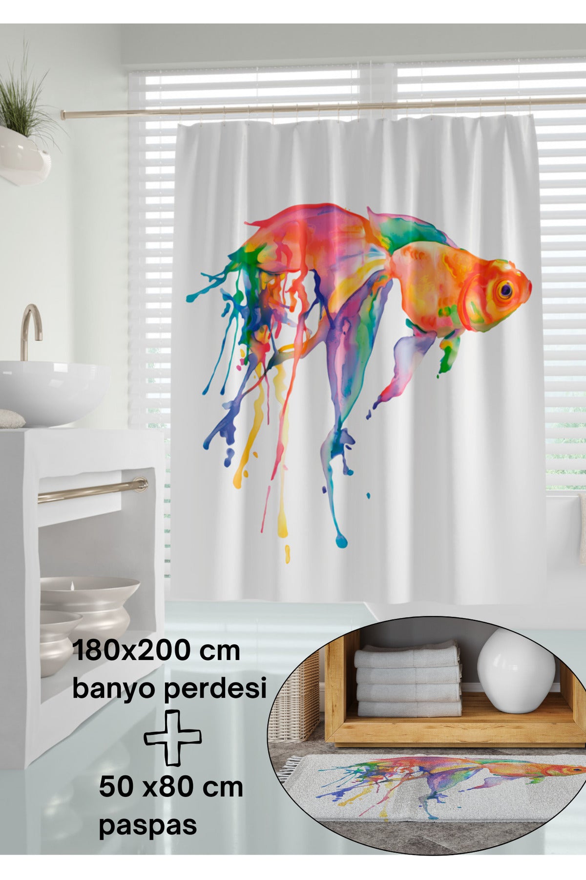 Balık Desenli Kaymaz Taban Dijital Baskılı 50x80cm Banyo Paspası ve 180x200cm Dijital Baskılı Banyo Perdesi Takımı — 180 x 200 + 50 x 80