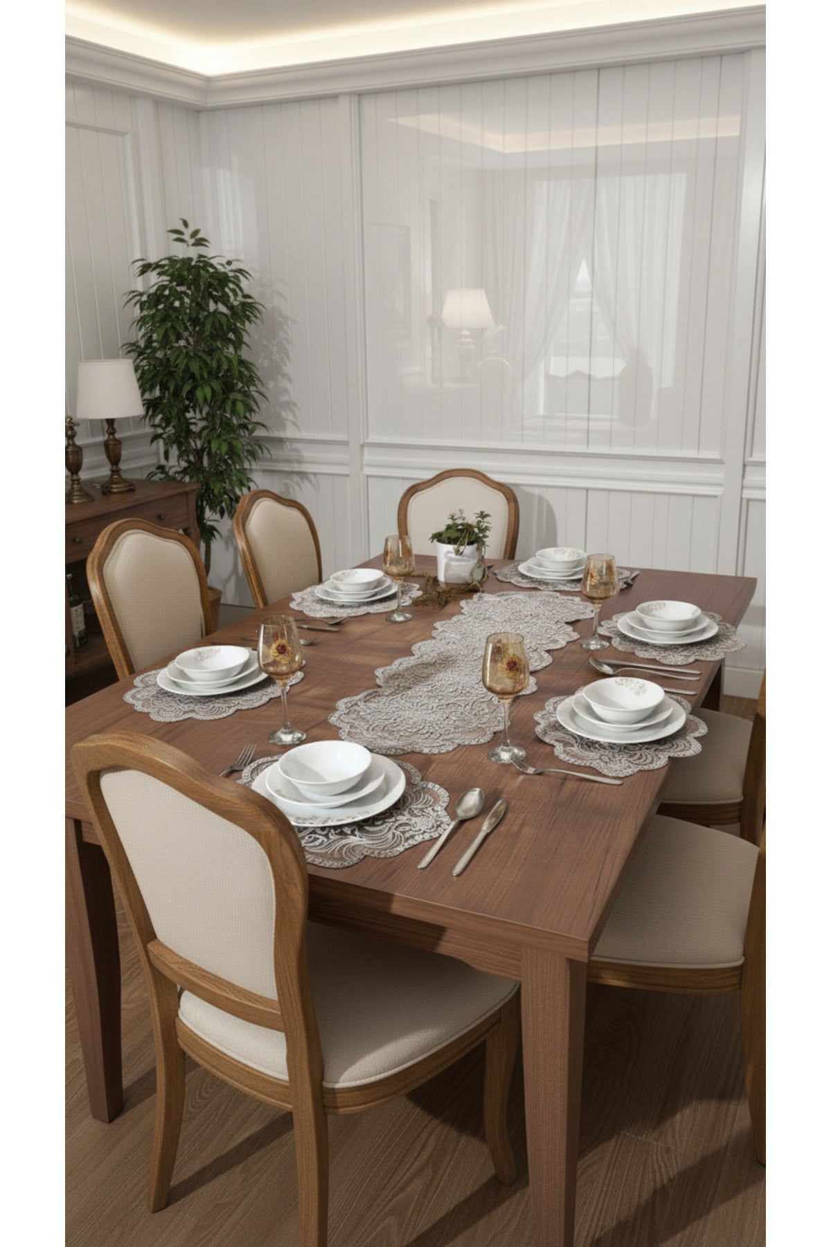 Tropikhome Nakışlı Gri 40 x 110 Runner + 40 x 40*12 Amerikan Servisli 13 Parça Sunum Yemek Seti — Gri