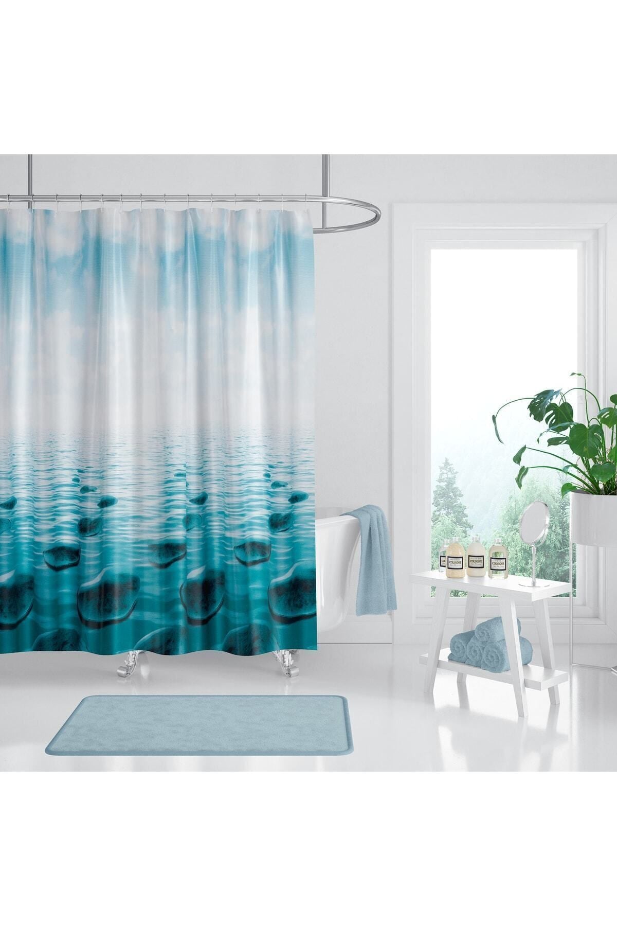 Tropikhome 180 x 200 Mavi Taş Desenli Banyo Perdesi — Mavi