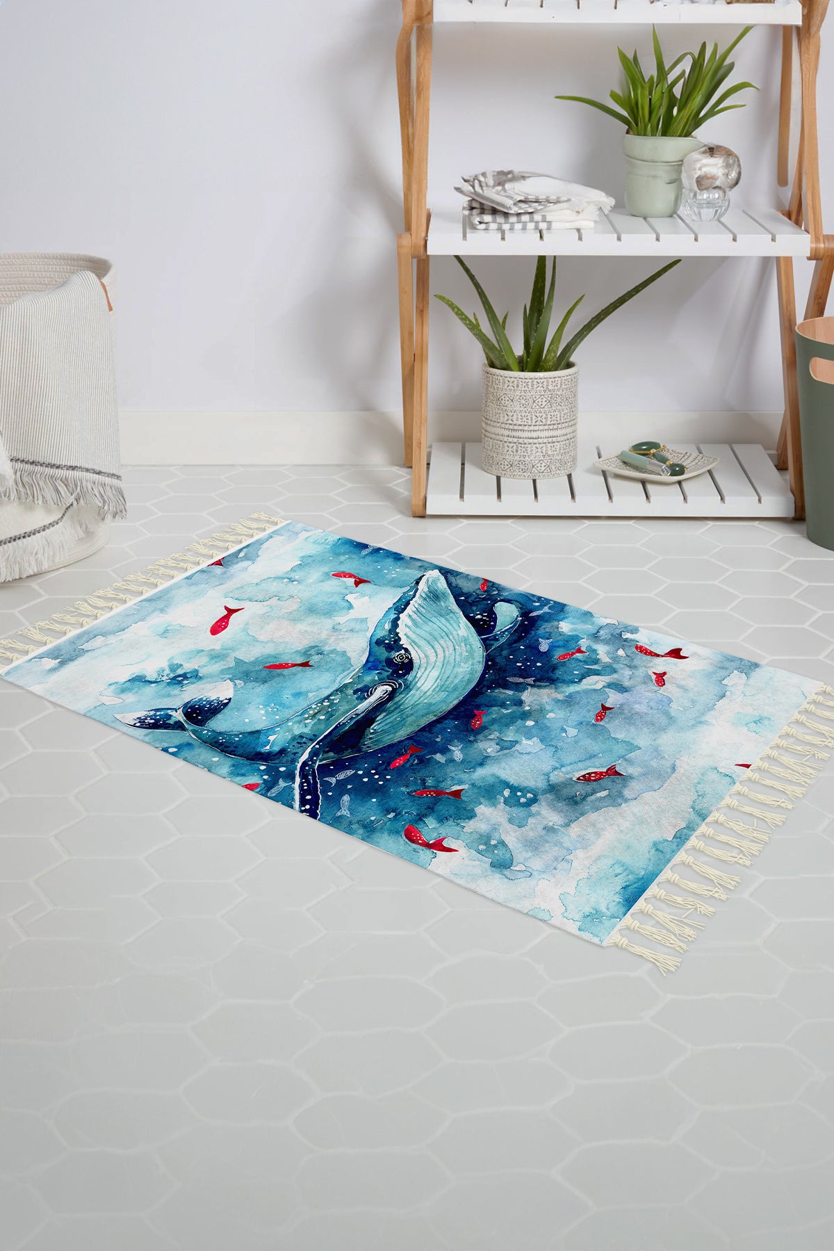 Tropikhome Kaymaz Tabanlı Dijital Baskılı 50x80cm Püsküllü Banyo Paspası — Whale