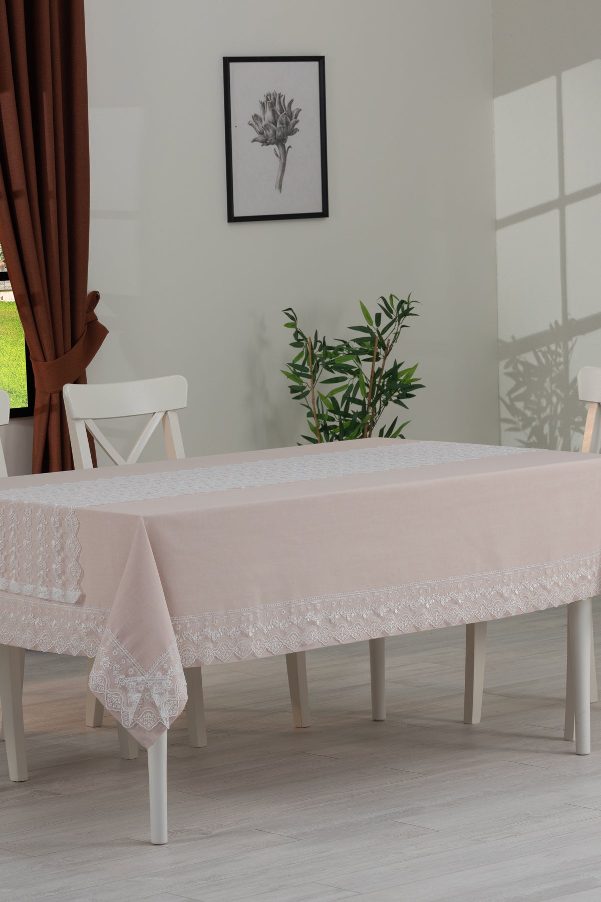 Tropikhome 160 x 220 Bej Pamuklu Masa Örtüsü Ve Dantelli Runner Çeyiz Seti — Bej