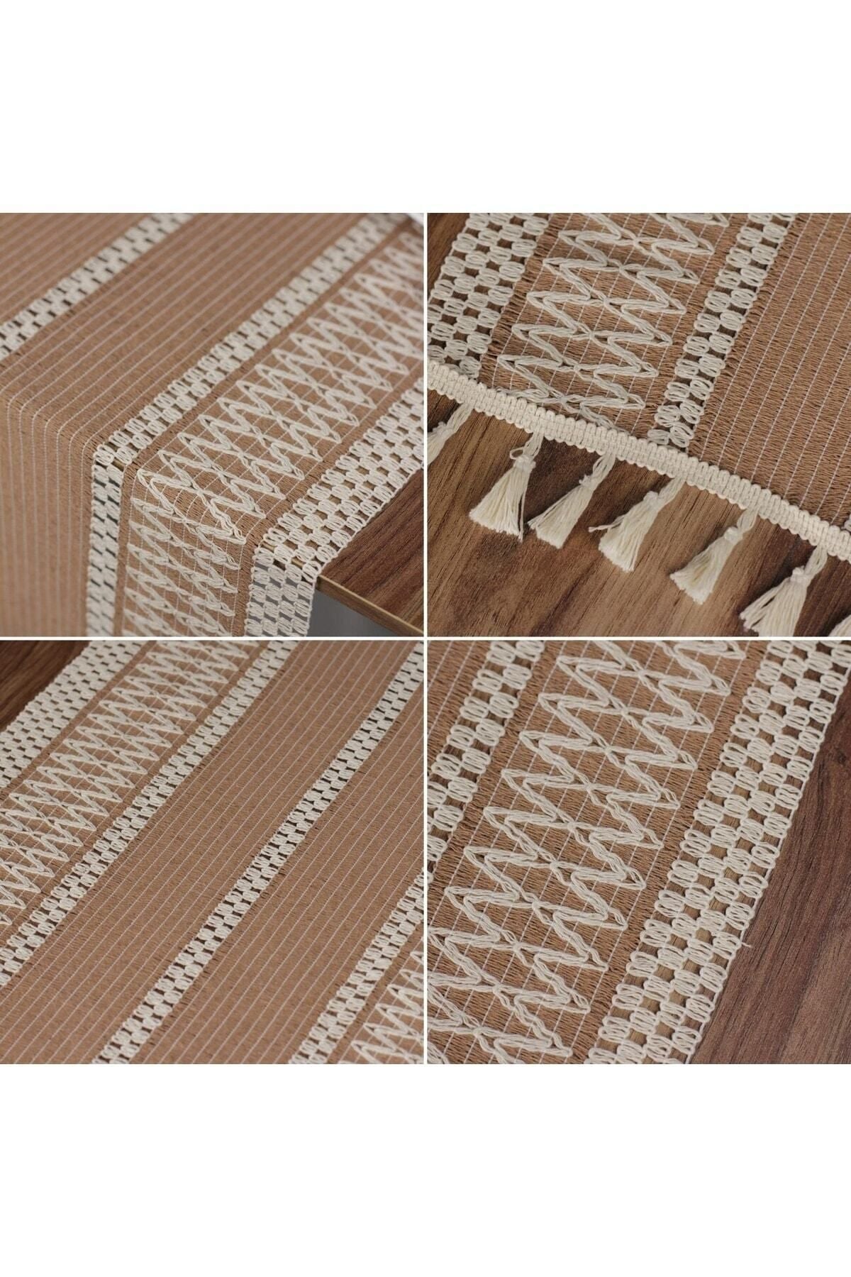 Ham Organik Pamuk Dantel Desenli Püsküllü Bej Runner 35x145 Cm  Masa Sunum Örtüsü — Bej