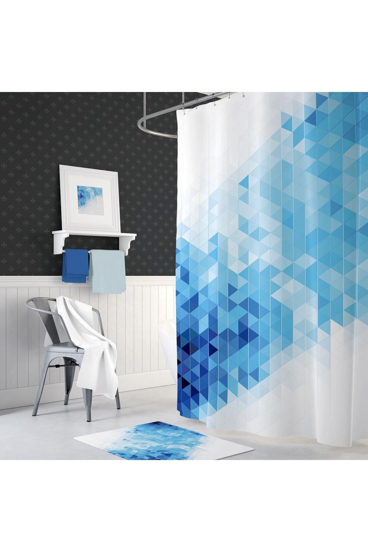 Tropikhome 180 x 200 Mavi Geometrik Desenli Banyo Perdesi — Mavi