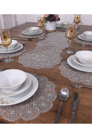 Tropikhome Nakışlı Gri 30 x 92 Runner + 30 x 30*6 Amerikan Servisli 7 Parça Sunum Yemek Seti — Gri