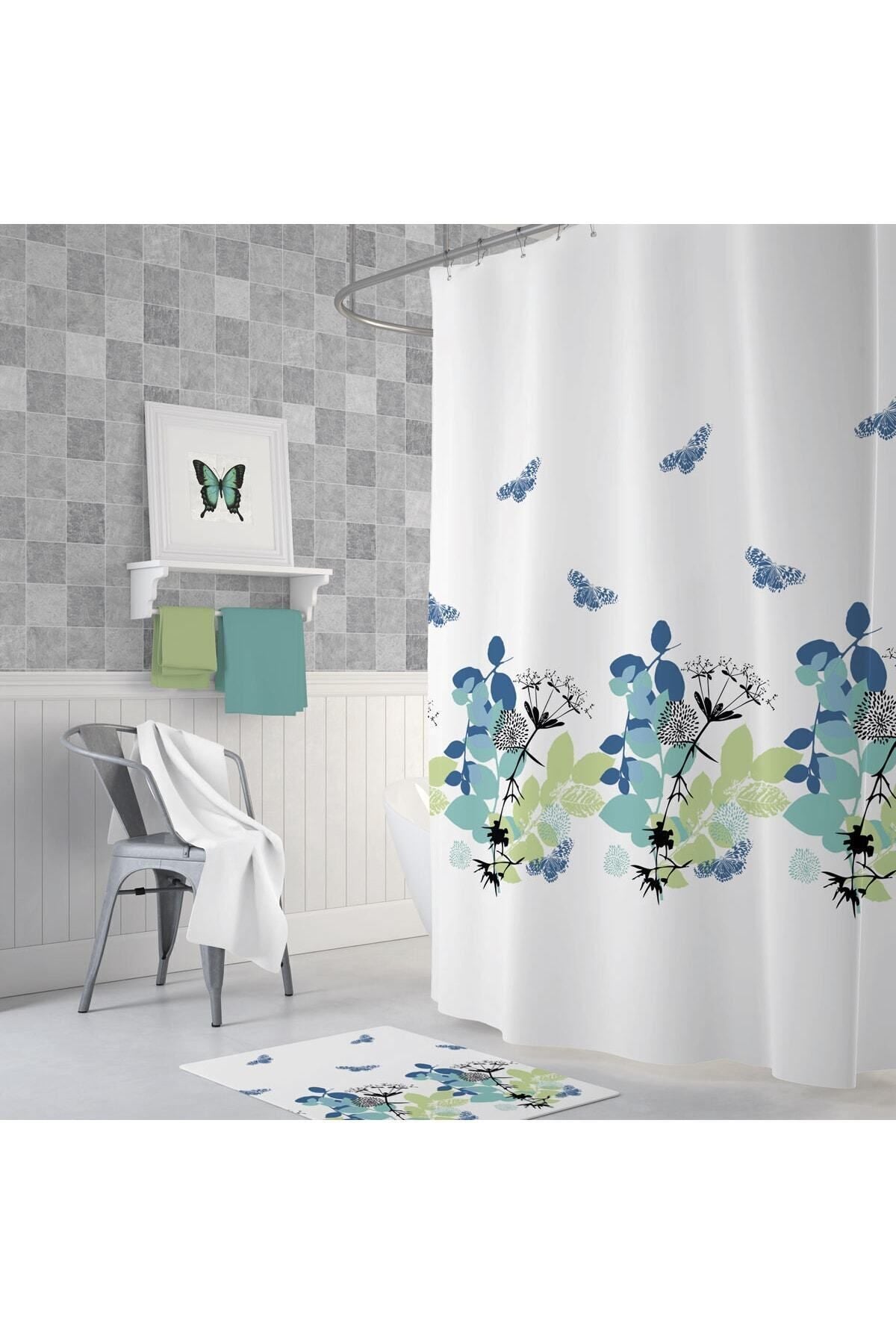 Tropikhome 180 x 200 Mavi Yaprak Desenli Banyo Perdesi — Mavi