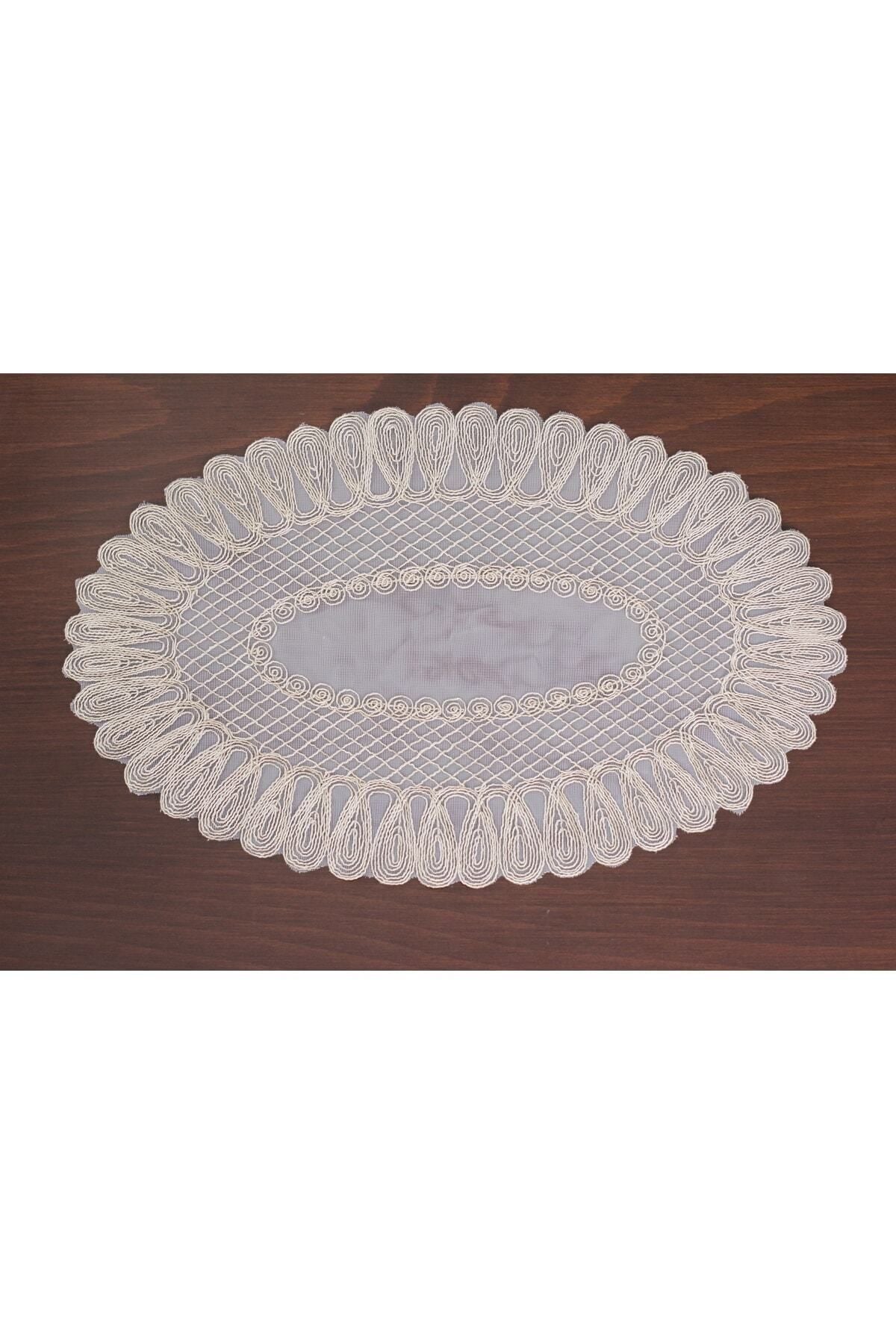 Tropikhome Nakışlı Bej 32 x 110 Runner + 32 x 50*6 Amerikan Servisli 7 Parça Sunum Yemek Seti — Bej