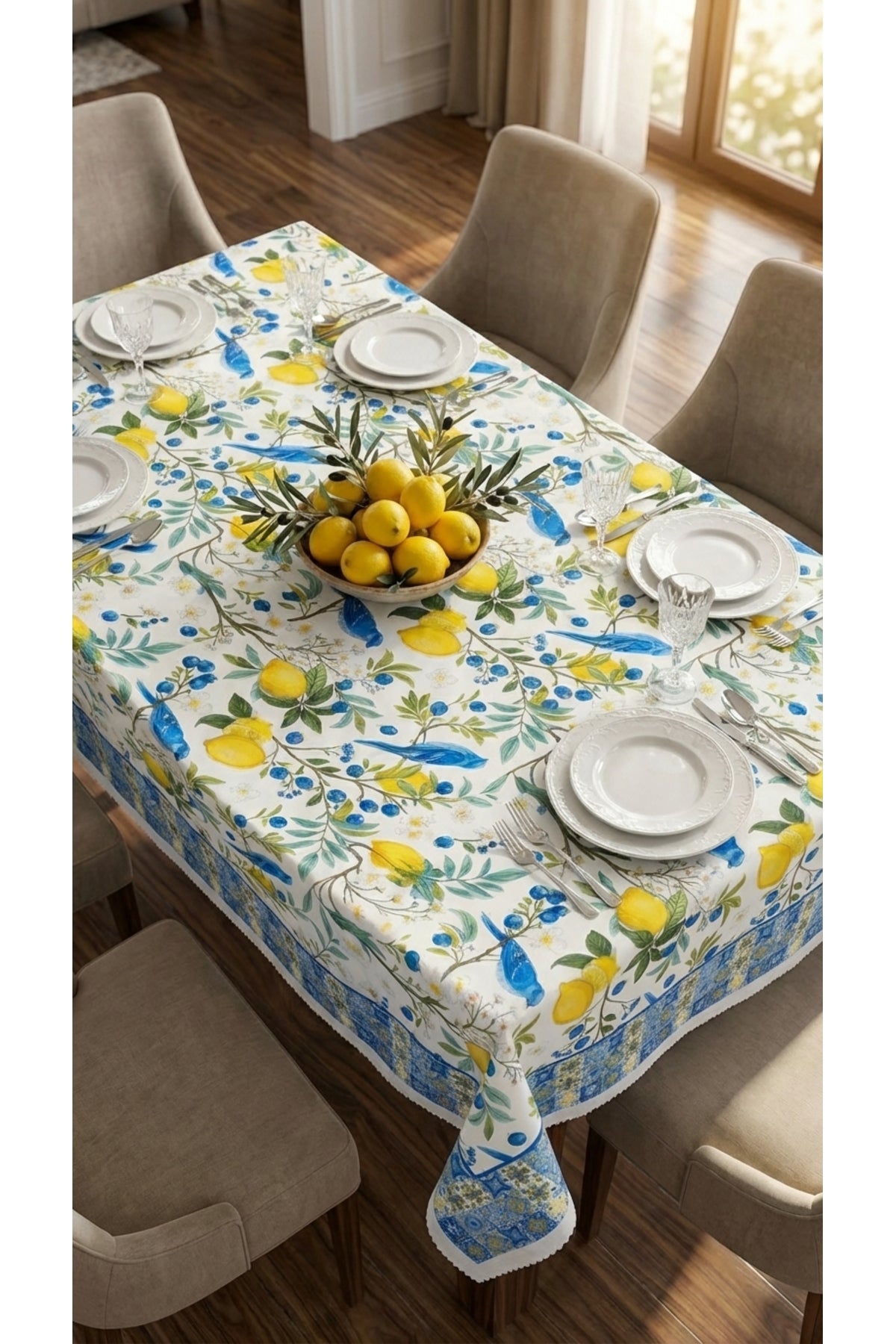 Tropikhome 140 x 180 Limon Alaçatı Desenli Solma Yapmaz Dijital Baskılı Dertsiz Masa Örtüsü — Çok Renkli