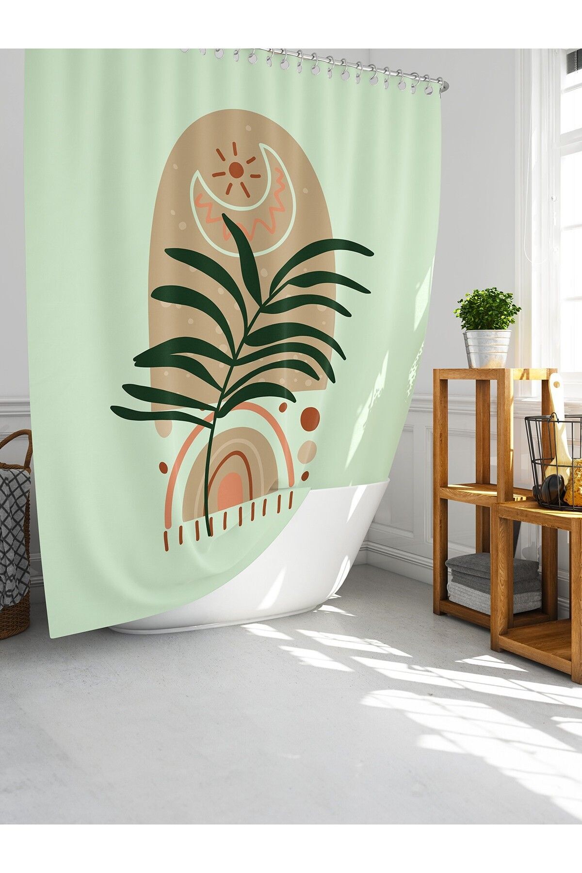 Tropikhome 180 x 200 Çok Renkli Bohem Tarzı Palmiye Desenli Banyo Perdesi — Çok Renkli