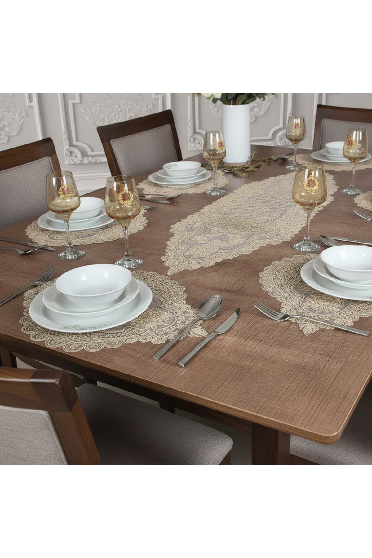 Tropikhome Nakışlı Bej 35 x 115 Runner + 35 x 50*8 Amerikan Servisli 9 Parça Sunum Yemek Seti — Bej