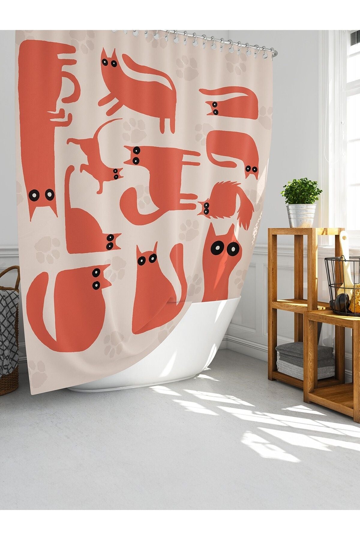 Tropikhome 180 x 200 Kırmızı Kedi Desenli Banyo Perdesi — Kırmızı