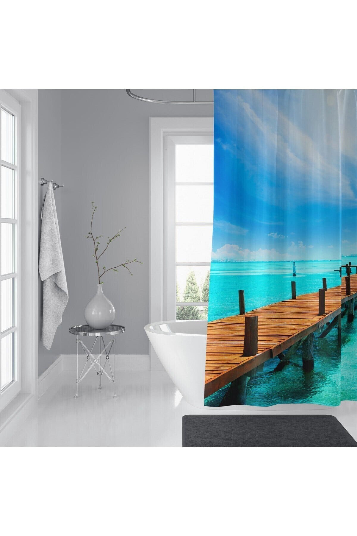 Tropikhome 180 x 200 Mavi Sahil Manzarası Desenli Banyo Perdesi — Mavi