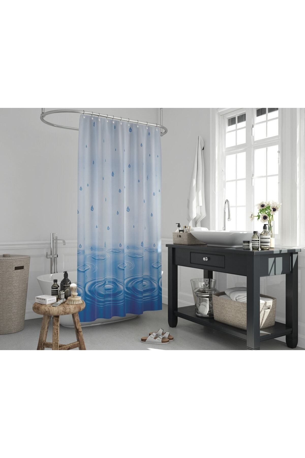 Tropikhome 180 x 200 Mavi Su Damlası Desenli Banyo Perdesi — Mavi