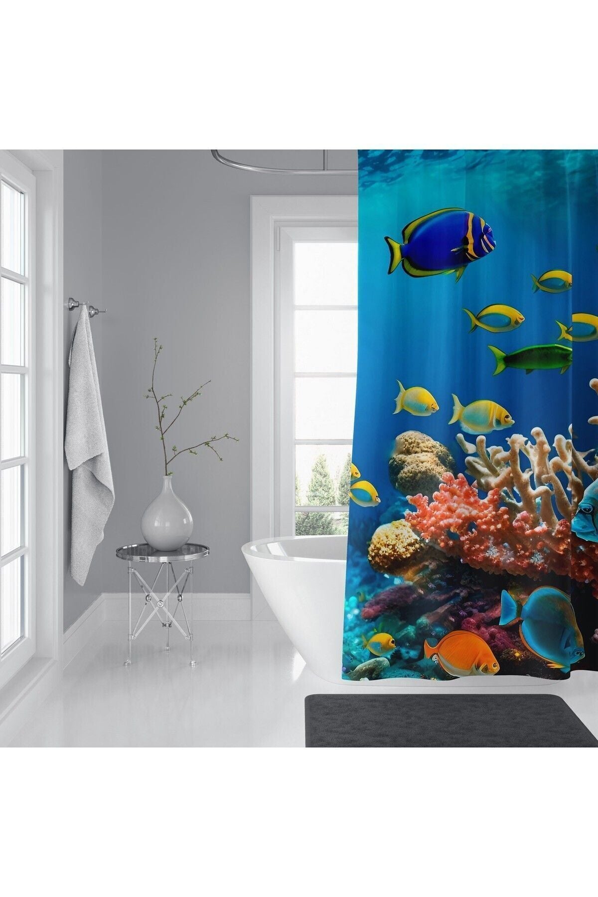Tropikhome 180 x 200 Mavi Su Altı Balık Desenli Banyo Perdesi — Mavi