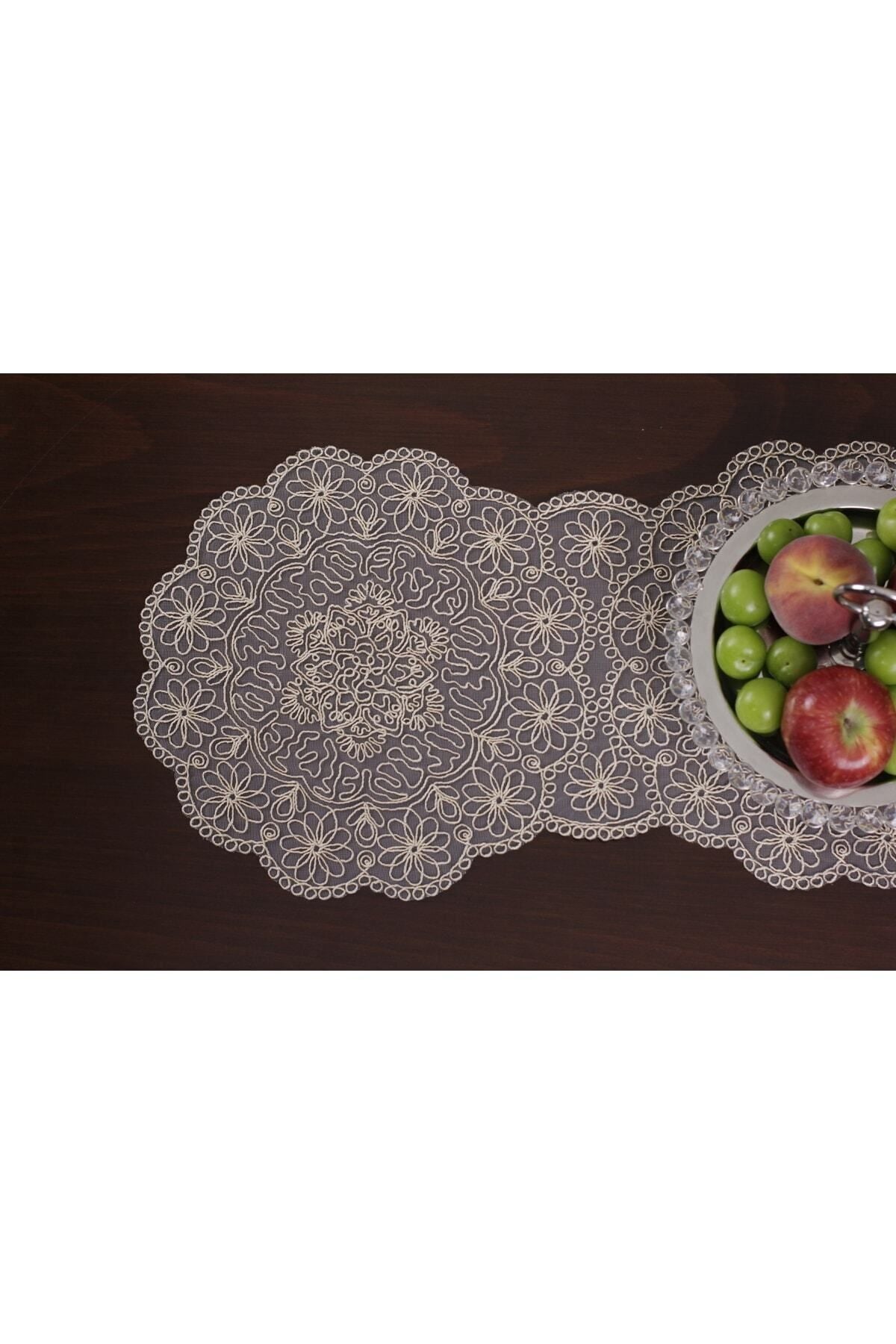 Tropikhome Nakışlı Bej 30 x 92 Runner + 30 x 30*6 Amerikan Servisli 7 Parça Sunum Yemek Seti — Bej