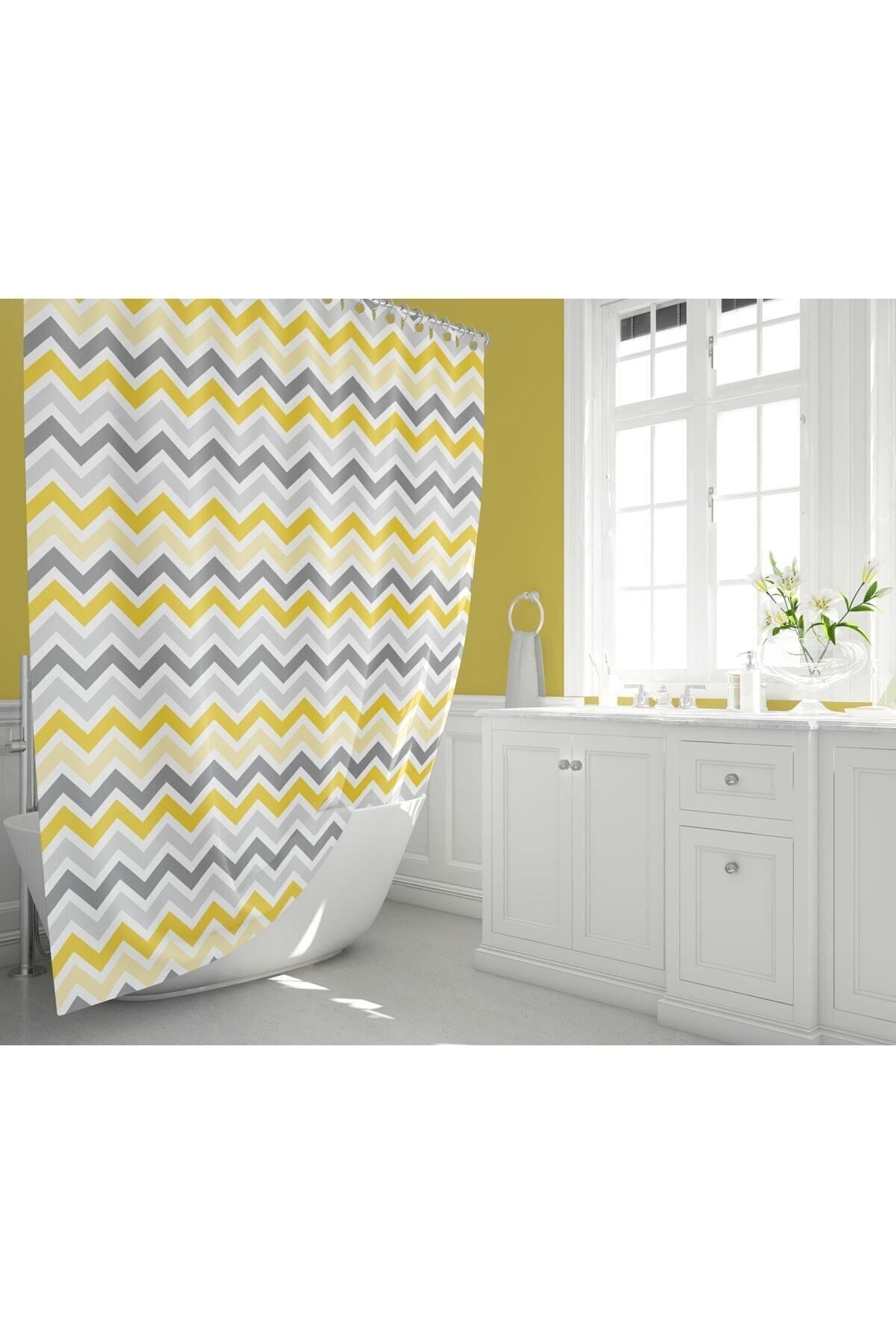 Tropikhome 180 x 200 Çok Renkli Zigzag Desenli Banyo Perdesi — Çok Renkli