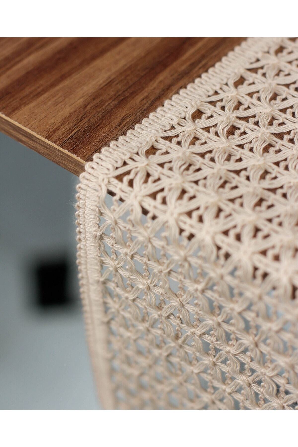 Tül Dantel Örgü Pamuklu Püsküllü Krem 35x145 Cm Runner — Krem