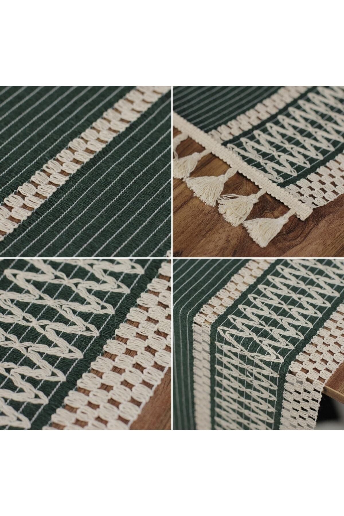 Ham Organik Pamuk Dantel Desenli Püsküllü Yeşil Runner 35x145 Cm  Masa Sunum Örtüsü — Yeşil