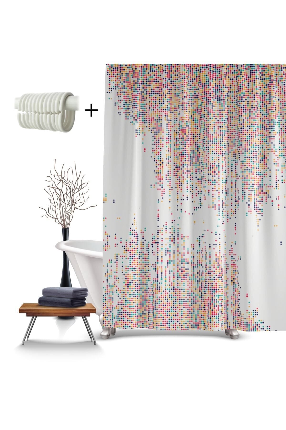 Tropikhome 180 x 200 Çok Renkli Geometrik Desenli Banyo Perdesi — Çok Renkli