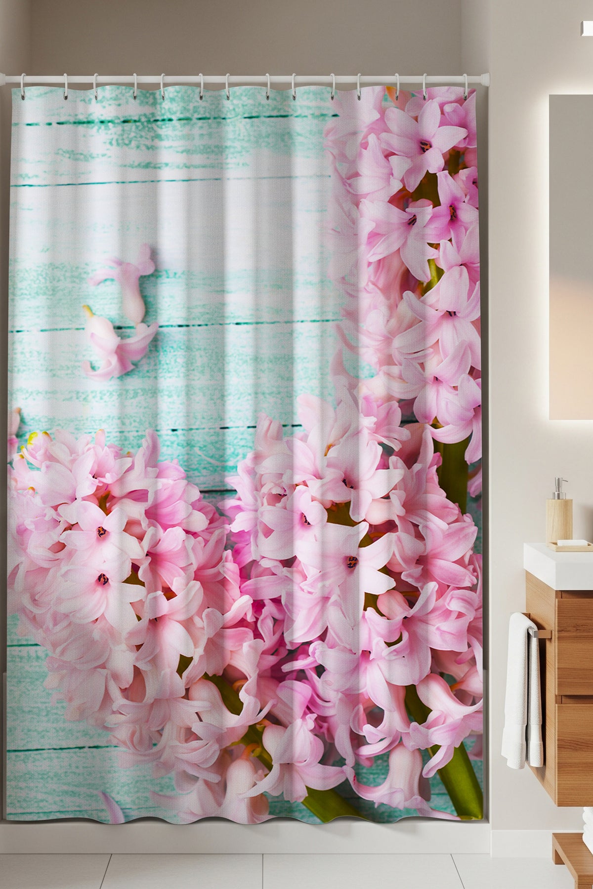 Tropikhome 180 x 200 Pembe Sümbül Desen Banyo Perdesi — Pembe