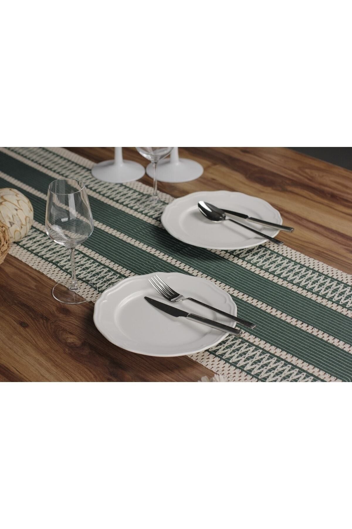 Ham Organik Pamuk Dantel Desenli Püsküllü Yeşil Runner 35x145 Cm  Masa Sunum Örtüsü — Yeşil