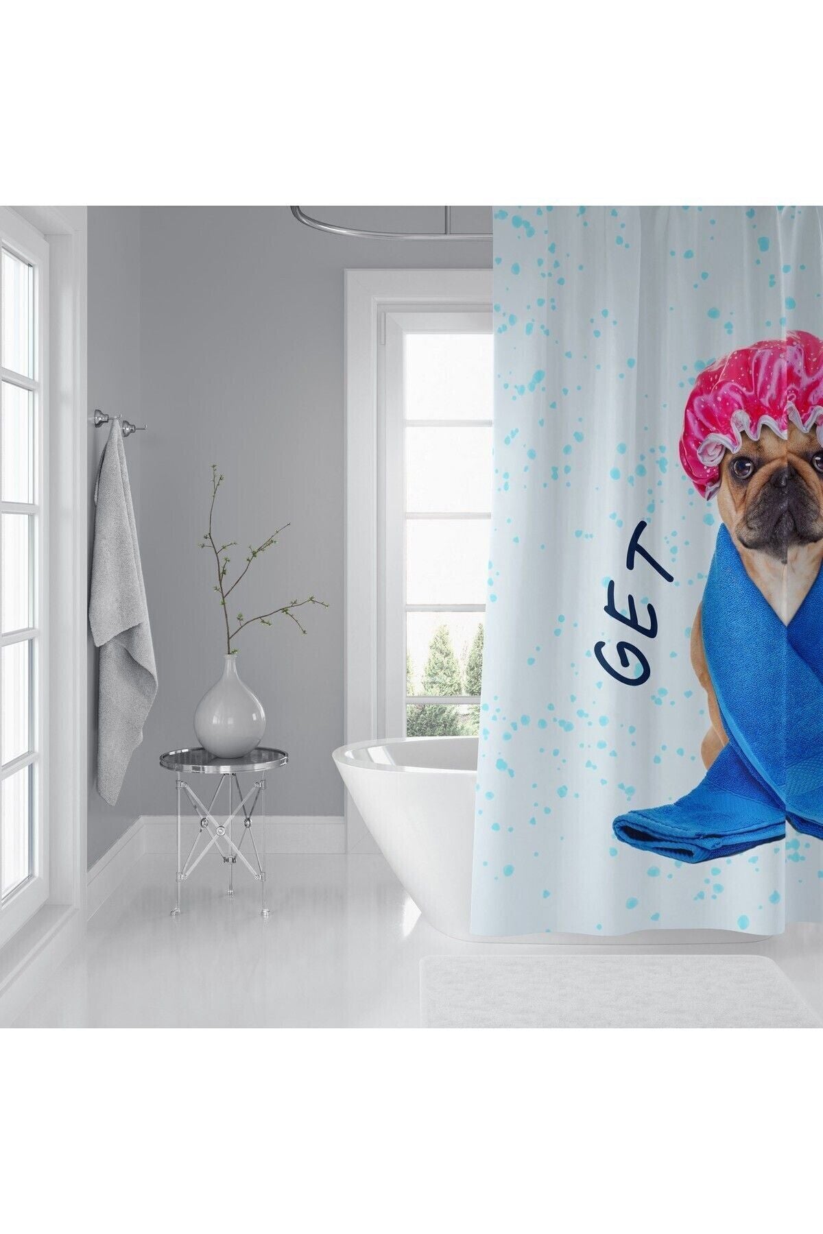 Tropikhome 180 x 200 Çok Renkli Köpek Desenli Banyo Perdesi — Çok Renkli