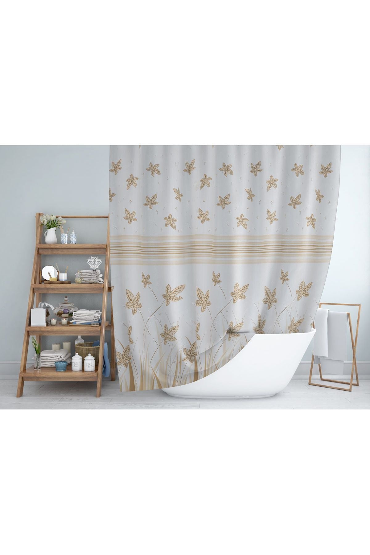 Tropikhome 180 x 200 Kahverengi Yaprak Desenli Banyo Perdesi — Kahverengi