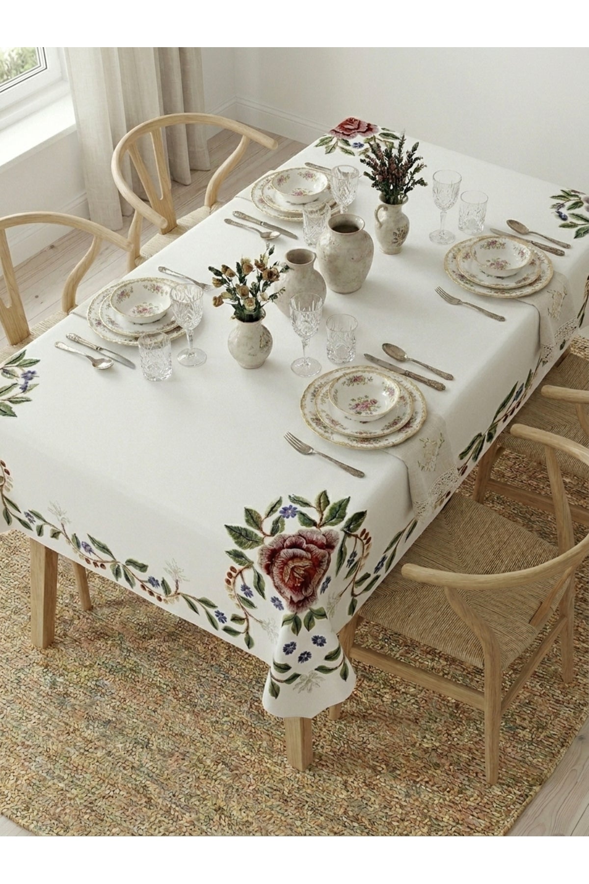 Tropikhome 140 x 180 Yeşil Gül Desenli Dijital Baskılı Dertsiz Leke Tutmaz Günlük Masa Örtüsü — Çok Renkli