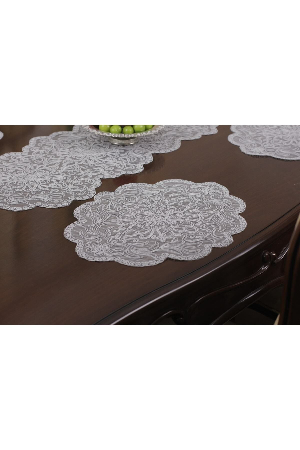 Tropikhome Nakışlı Gri 40 x 110 Runner + 40 x 40*12 Amerikan Servisli 13 Parça Sunum Yemek Seti — Gri