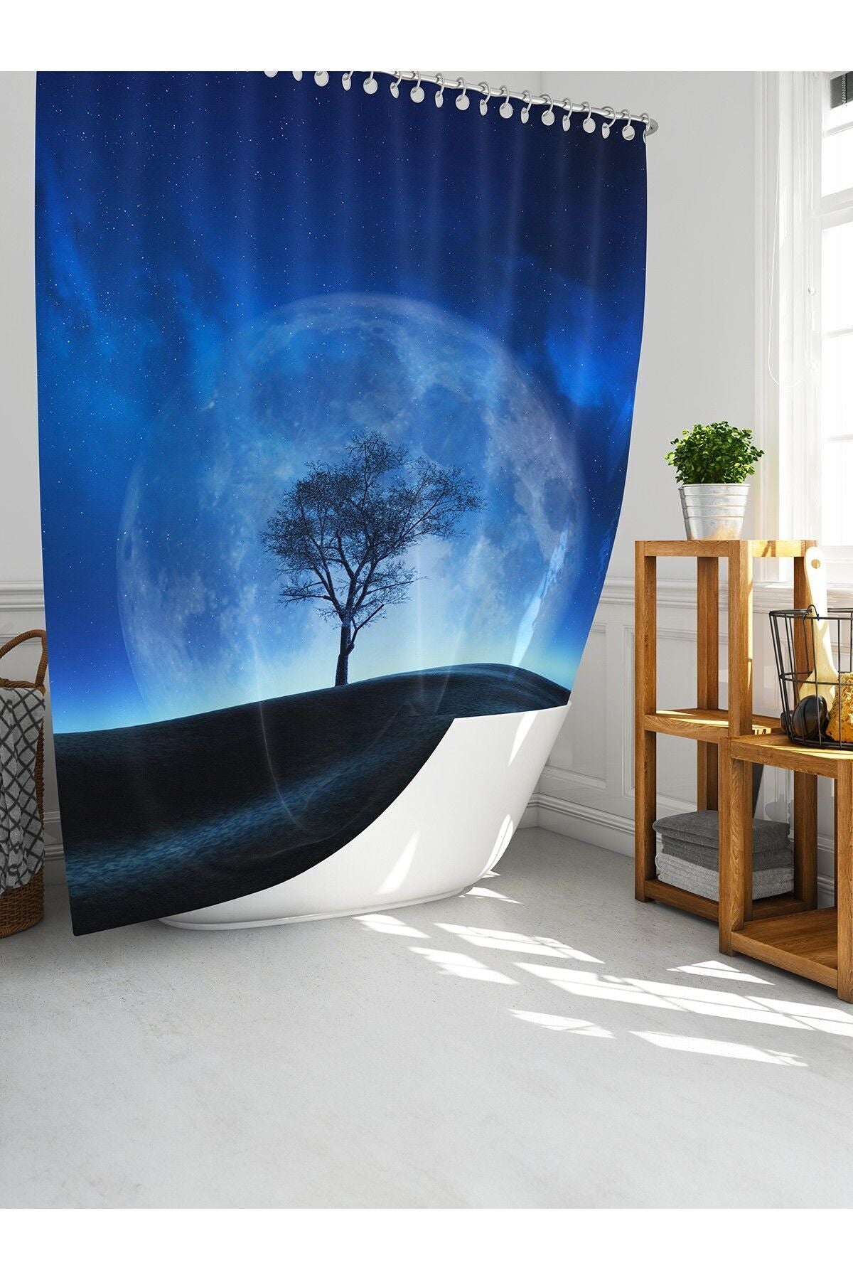 Tropikhome 180 x 200 Mavi Ay Desenli Banyo Perdesi — Mavi