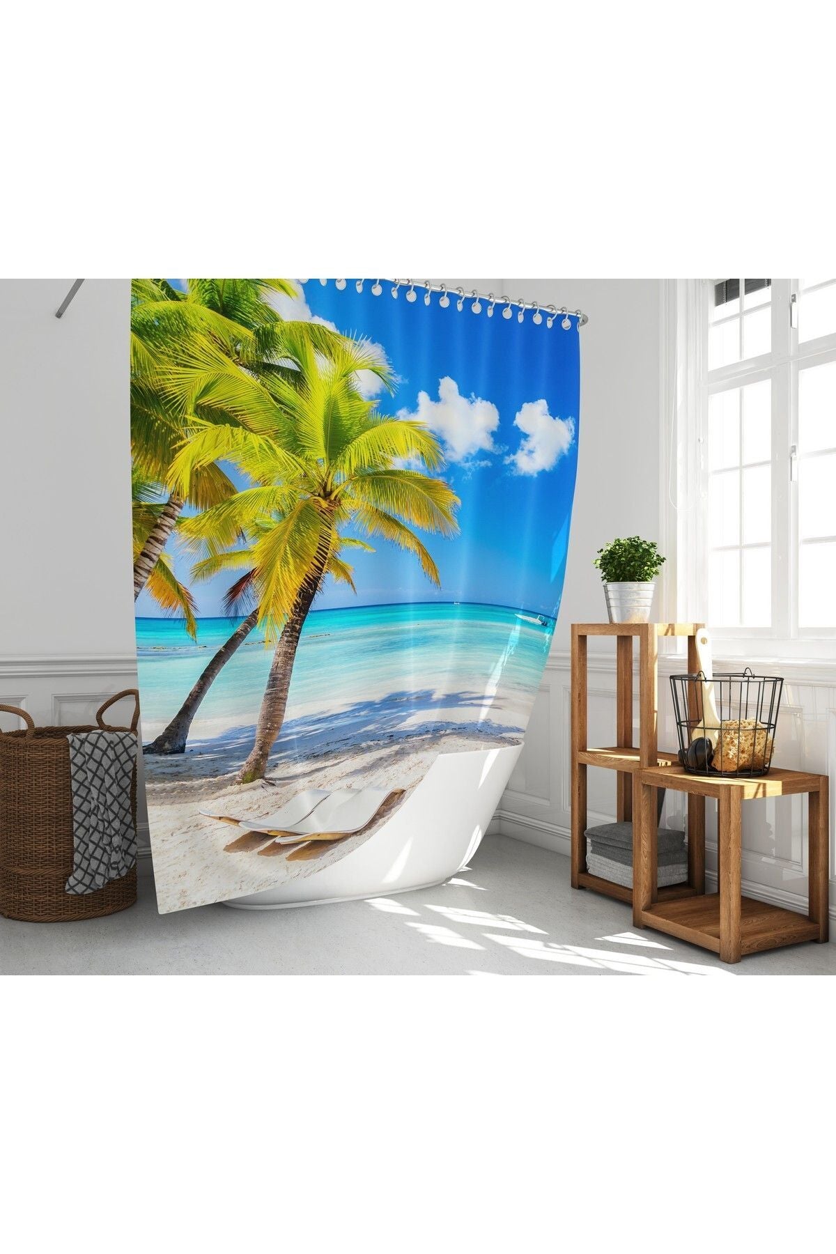 Tropikhome 180 x 200 Mavi Sahil Manzarası Desenli Banyo Perdesi — Mavi